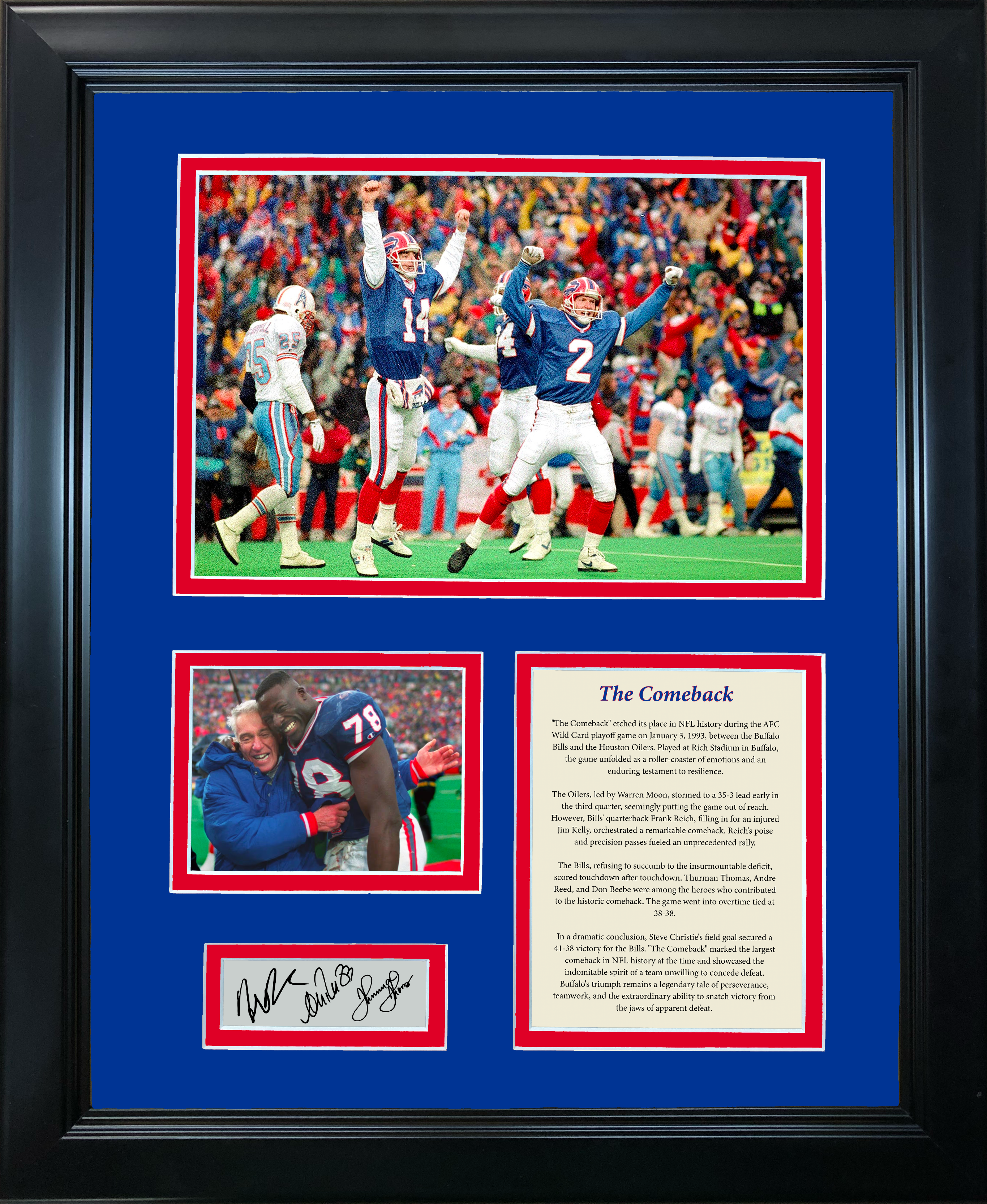 Framed 1993 Buffalo Bills The Comeback Frank Reich, Andre Reed & Thurman Thomas Facsimile Laser Engraved Signature Auto 11"x14"Football Photo Sig Collage
