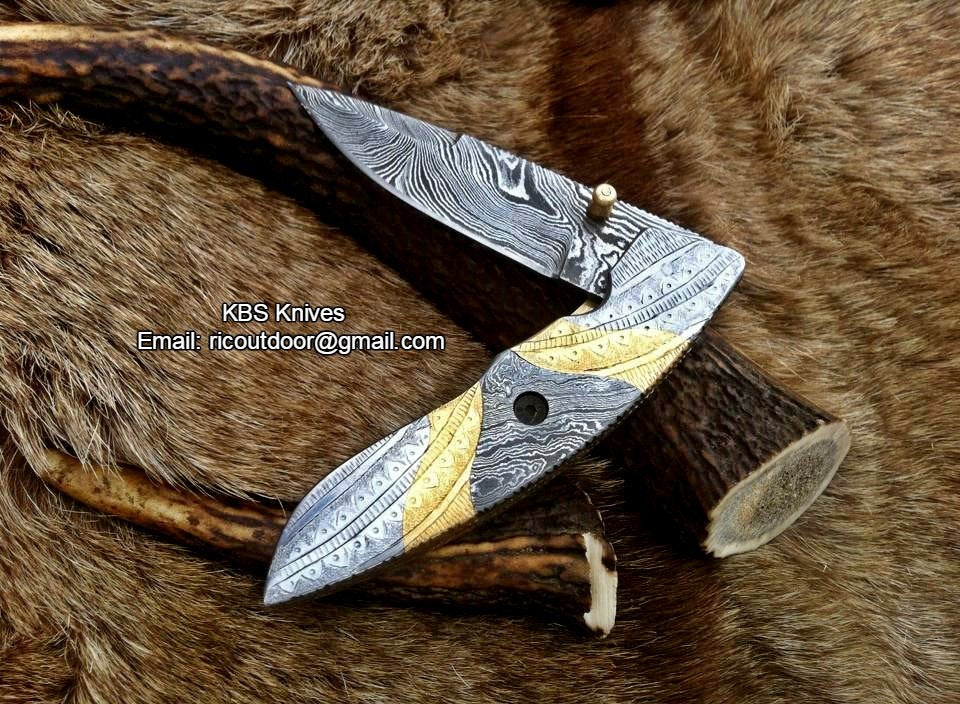 Everyday Carry Hand Engraved Damascus Steel Folding Pocket Knife with Steel & Brass Handle – The MasterCraft