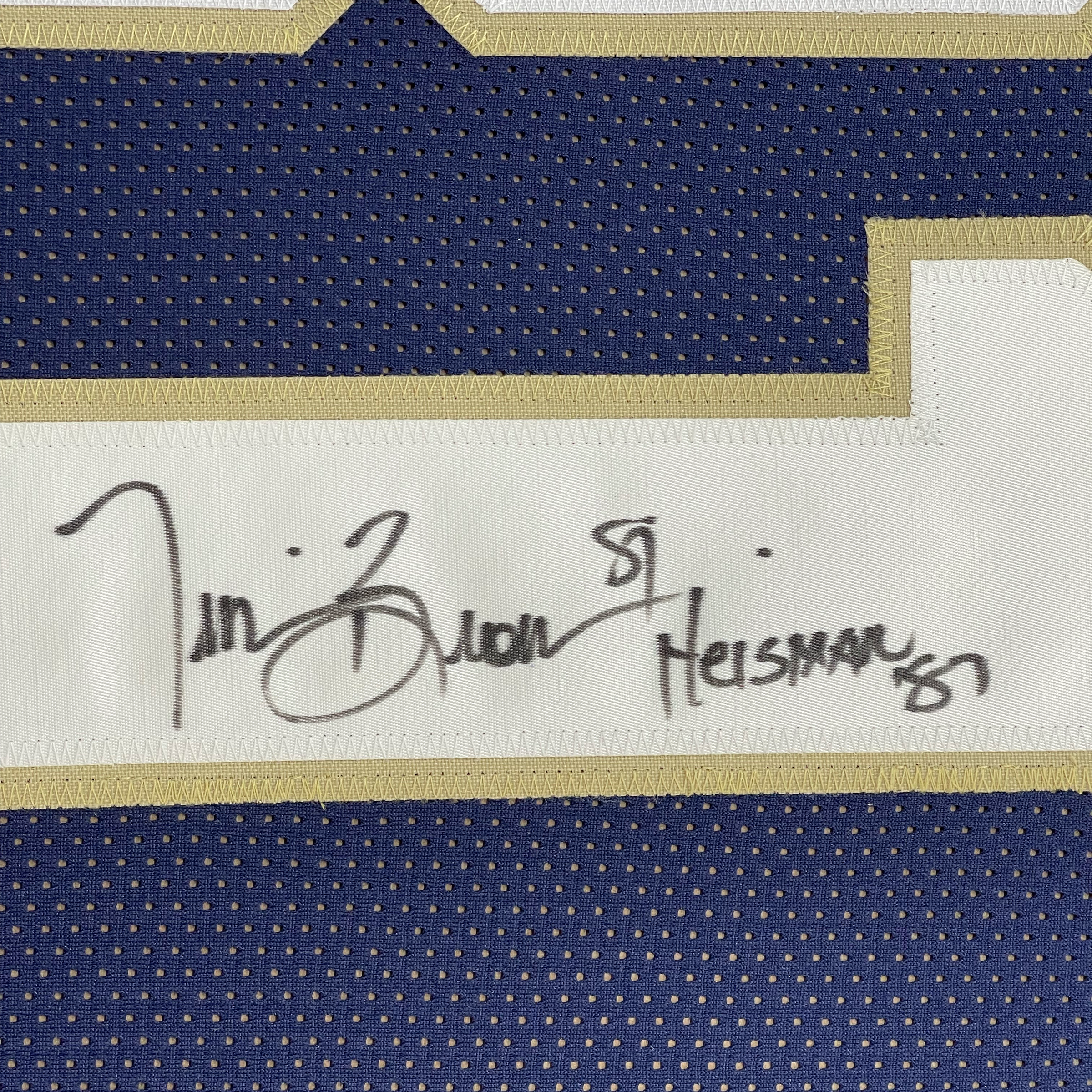 Framed Autographed/Signed Tim Brown 35x39 Heisman 87 Notre Dame Blue College Football Jersey Beckett BAS COA