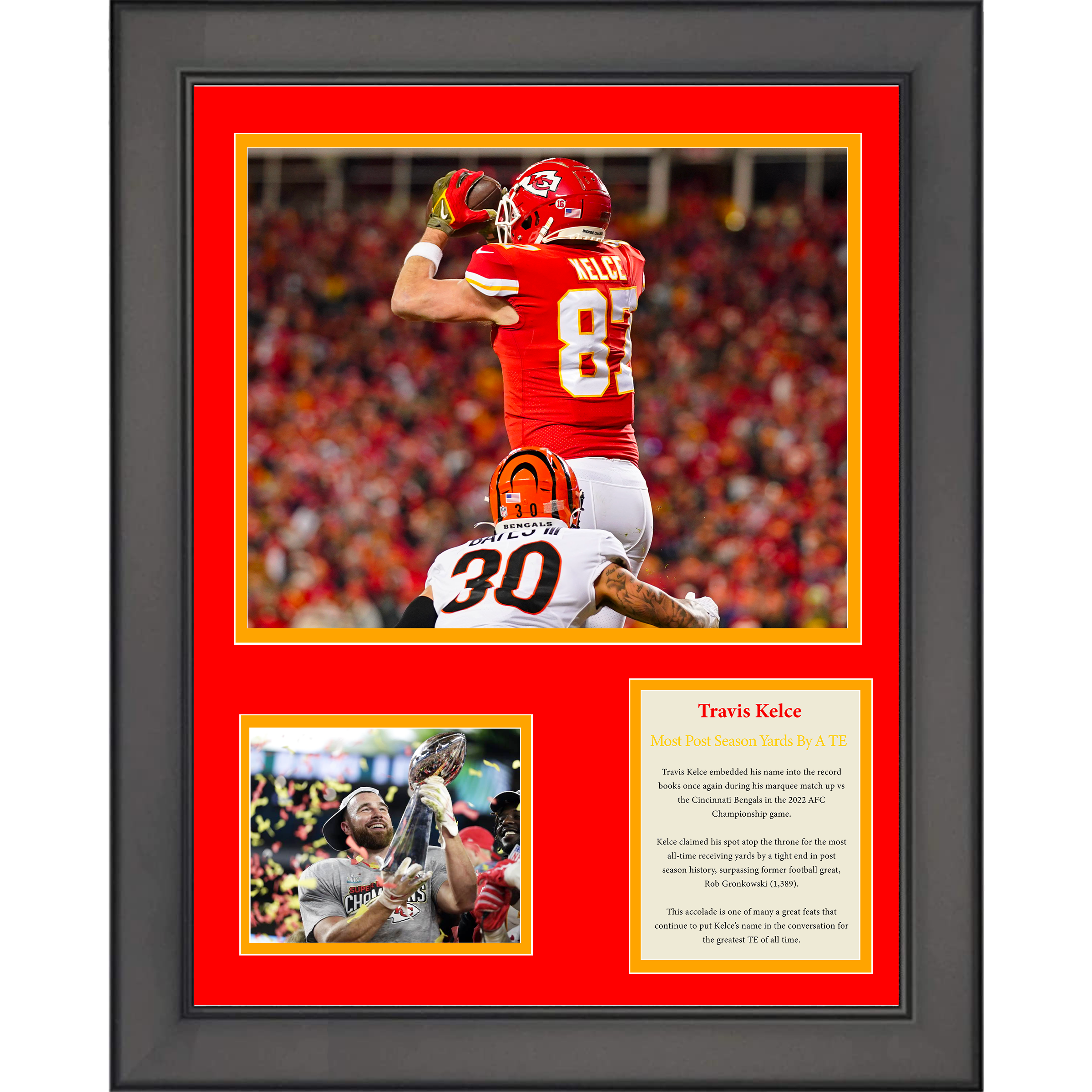 Framed Travis Kelce Record Most Post Season Receiving Yards by Tight End Kansas City Chiefs Football 11"x14" Three Photo Collage