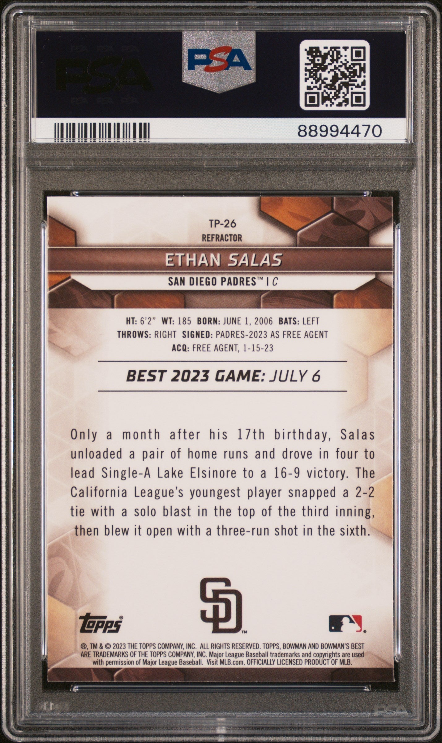 Graded 2023 Topps Bowmans Best Ethan Salas #TP26 Top Prospects Refract