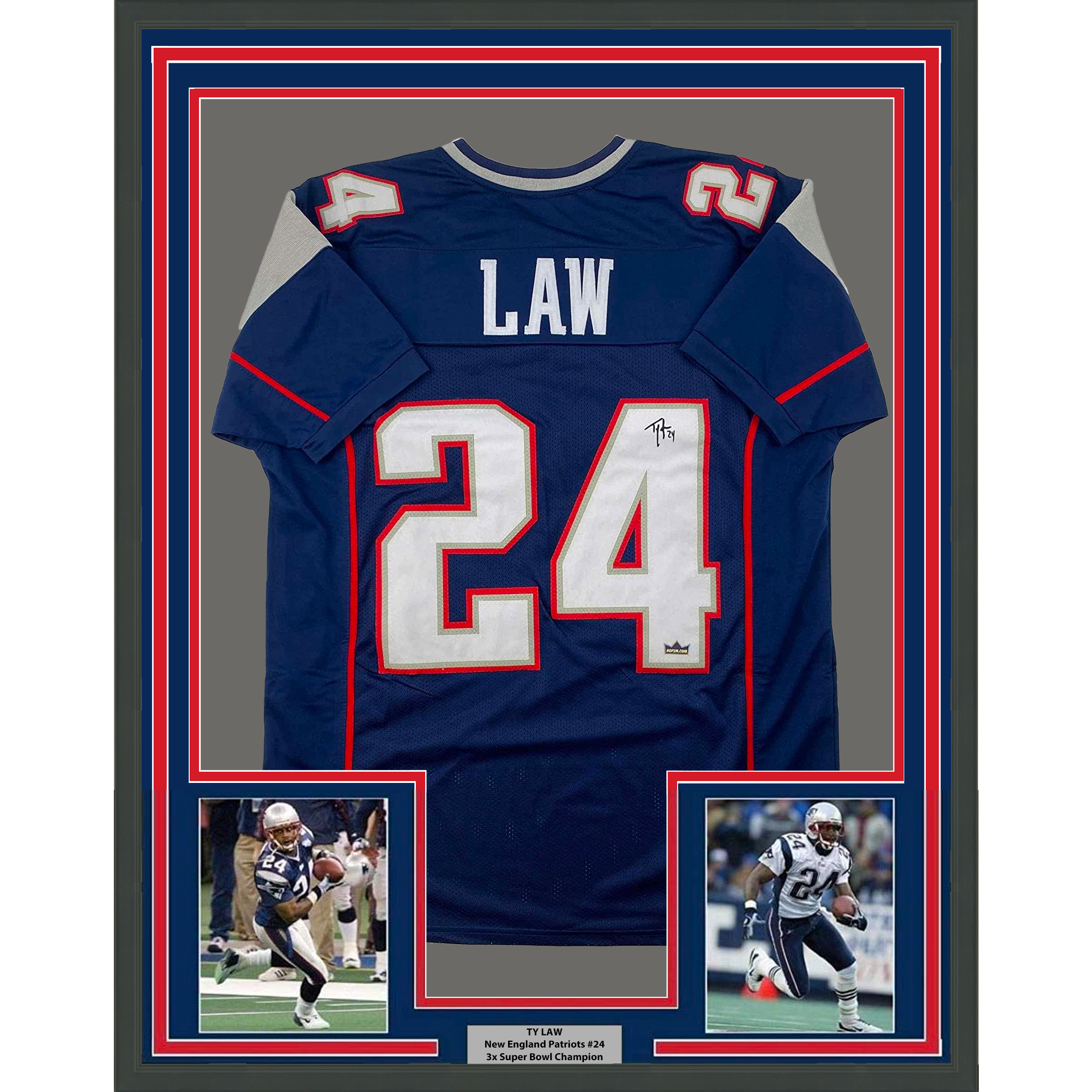 Framed Facsimile Autographed Ty Law 35x39 New England Blue Reprint Laser Auto Football Jersey