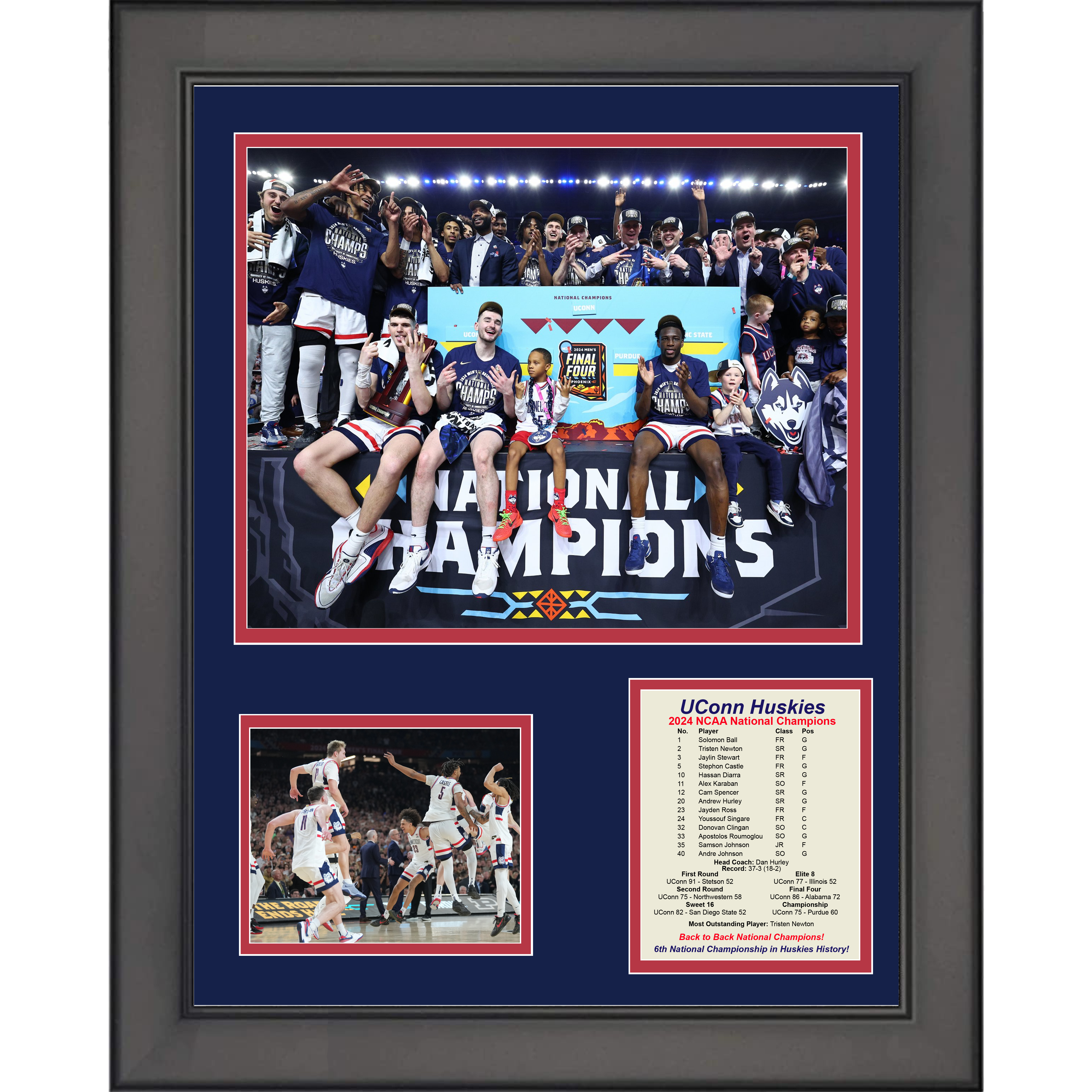Framed UConn Huskies 2024 Back to Back NCAA National Champions 11"x14" College Basketball Three Photo Collage