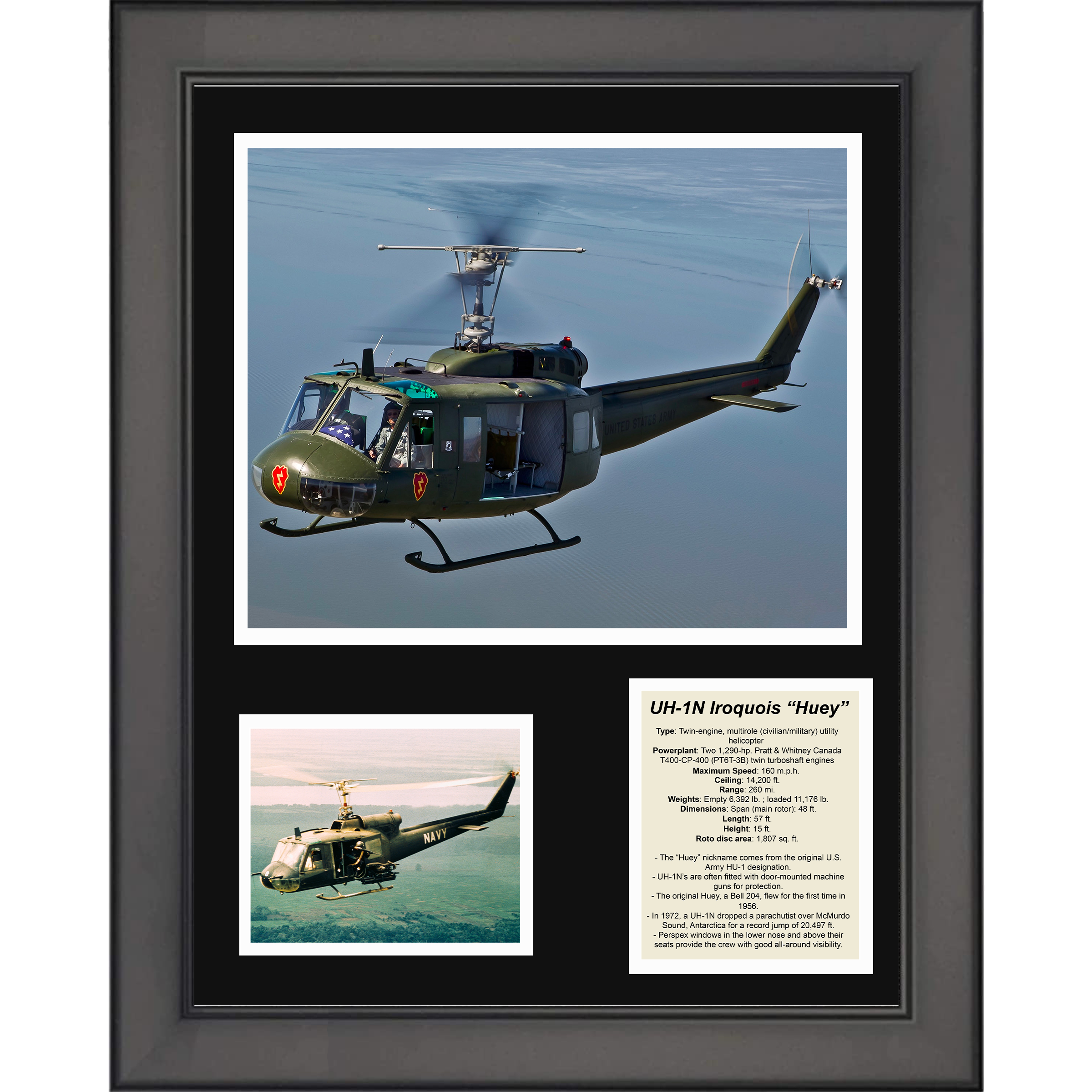 Framed UH-1N Iroquois  Huey  Twin-engine Helicopter Military Aircraft 11"x14" Three Photo Collage