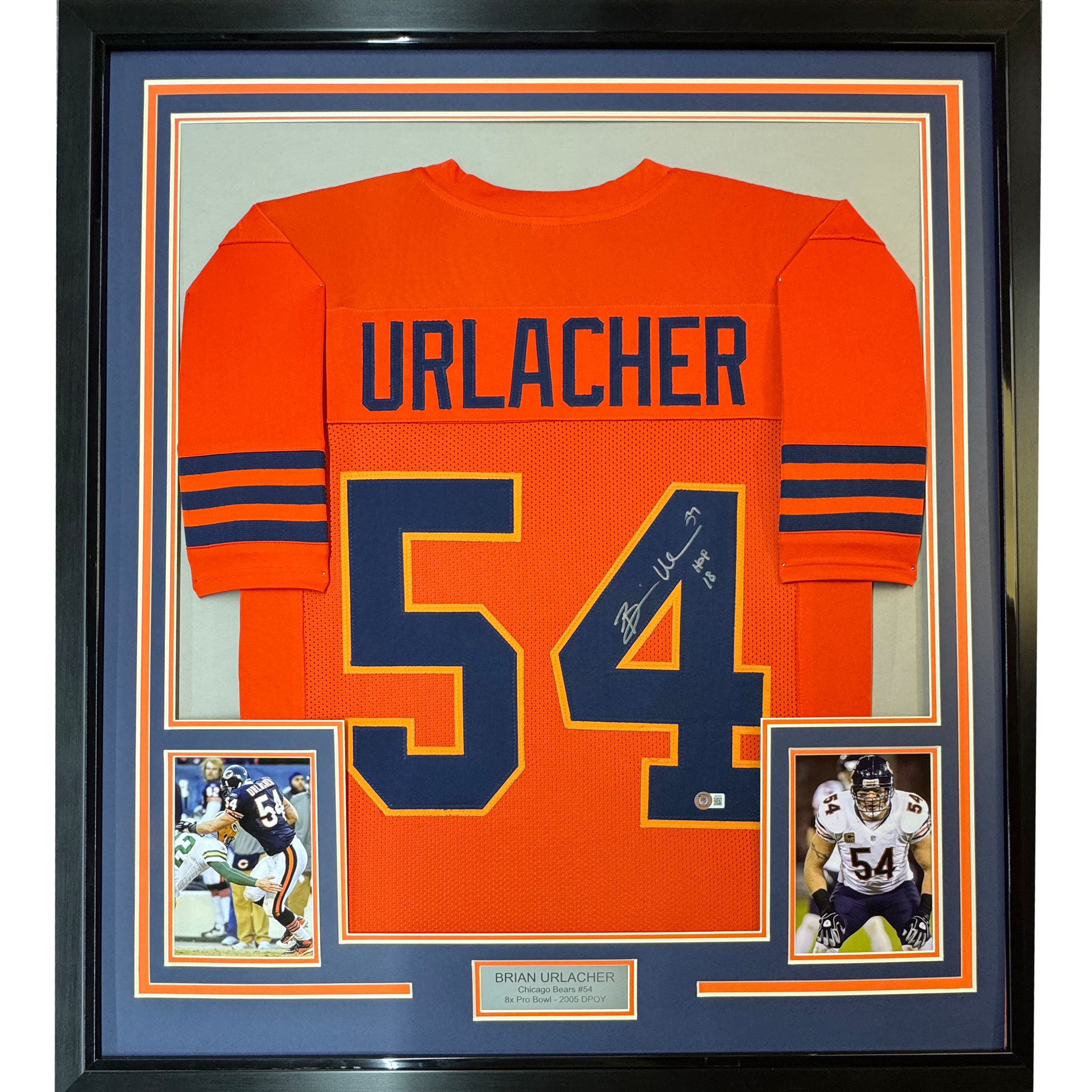 Framed Autographed/Signed Brian Urlacher 35x39 HOF 18 Chicago Orange Retro Football Jersey Beckett BAS COA