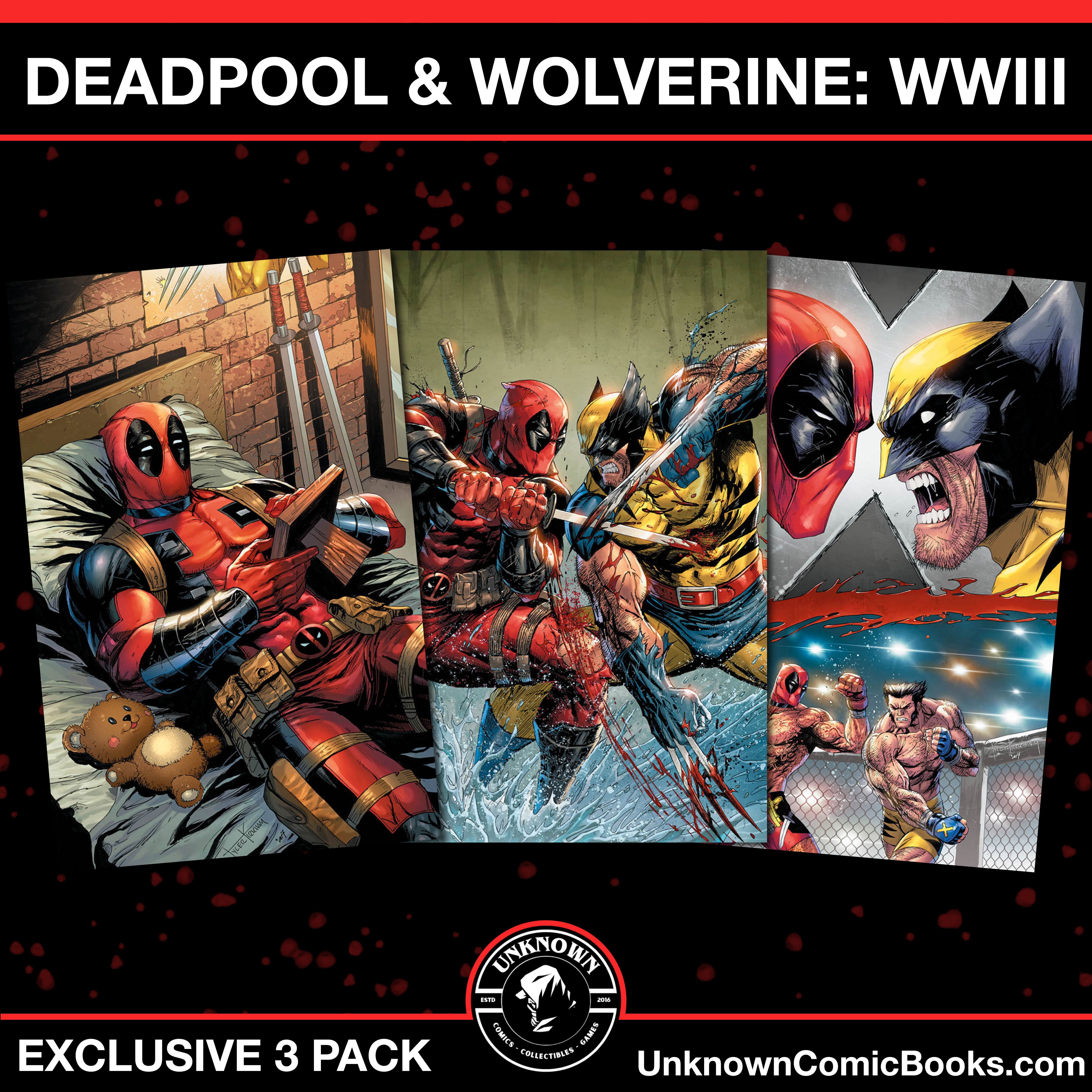 [3 PACK] DEADPOOL & WOLVERINE: WWIII #1 & DEADPOOL & WOLVERINE: WWIII #2 & DEADPOOL & WOLVERINE: WWIII #3 UNKNOWN COMICS TYLER KIRKHAM EXCLUSIVE VIRGIN VAR (07/24/2024)