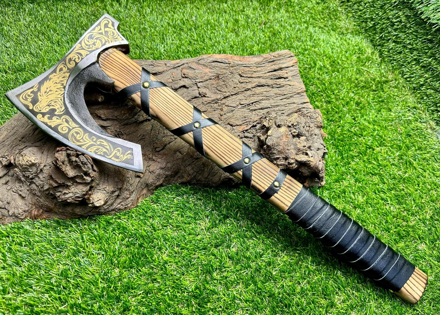 Viking Hatchet with Custom Handmade Engraved 1095 Steel Blade and Ash Wood Leather-Wrapped Handle – Battle Forge