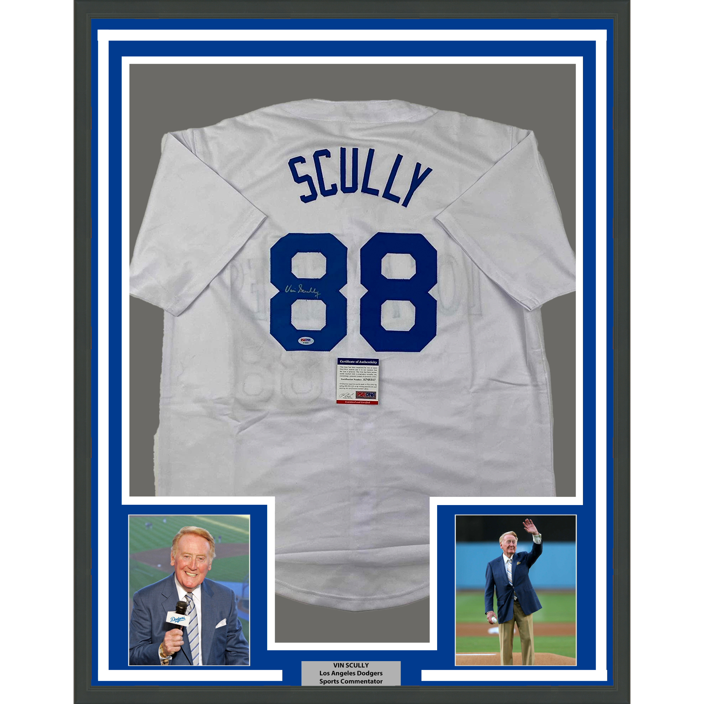 Framed Autographed/Signed Vin Scully 35x39 Los Angeles LA White Baseball Jersey PSA/DNA COA