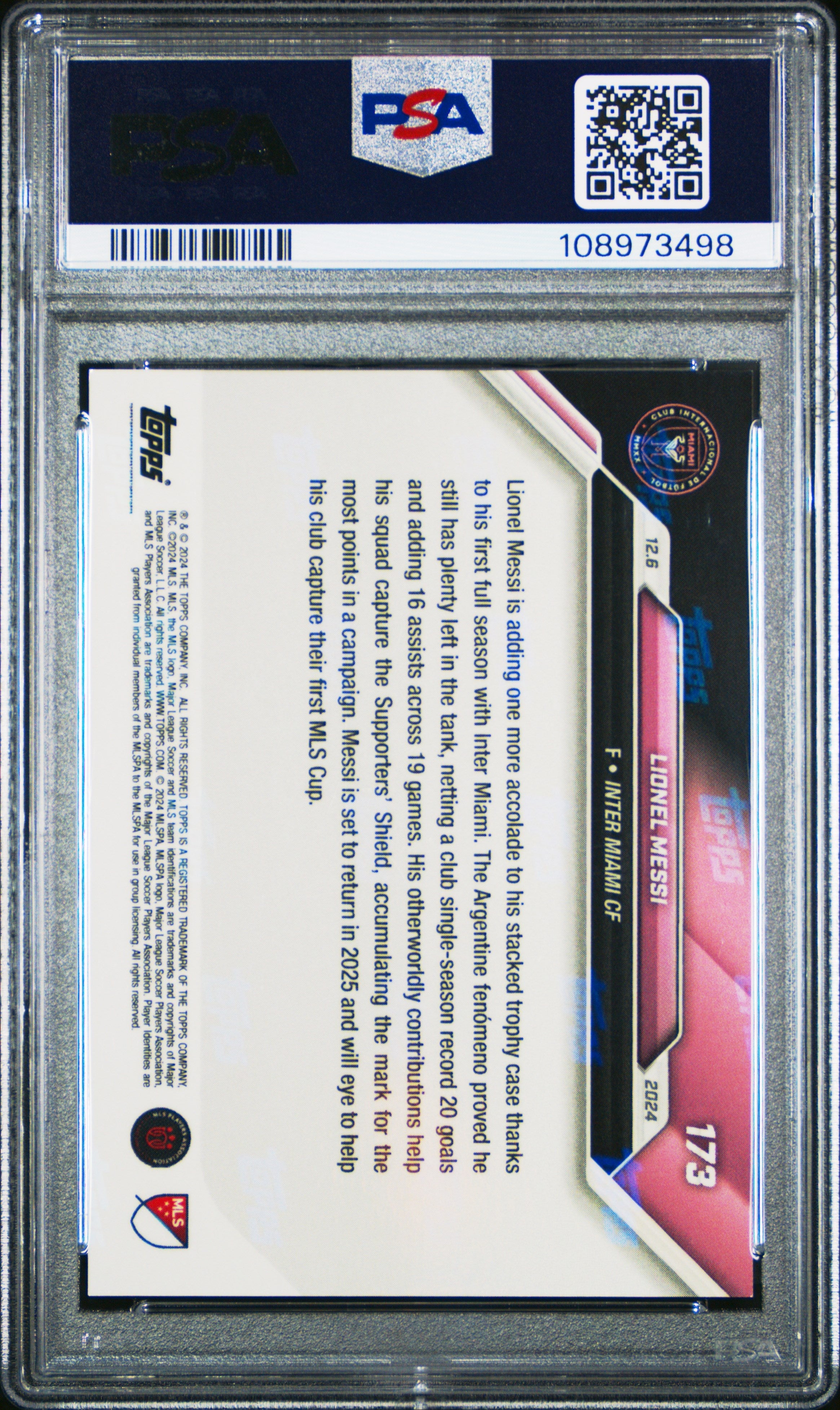 Graded 2024 Topps Now MLS Lionel Messi #173 Black /99 Soccer Card PSA 10 Gem Mint