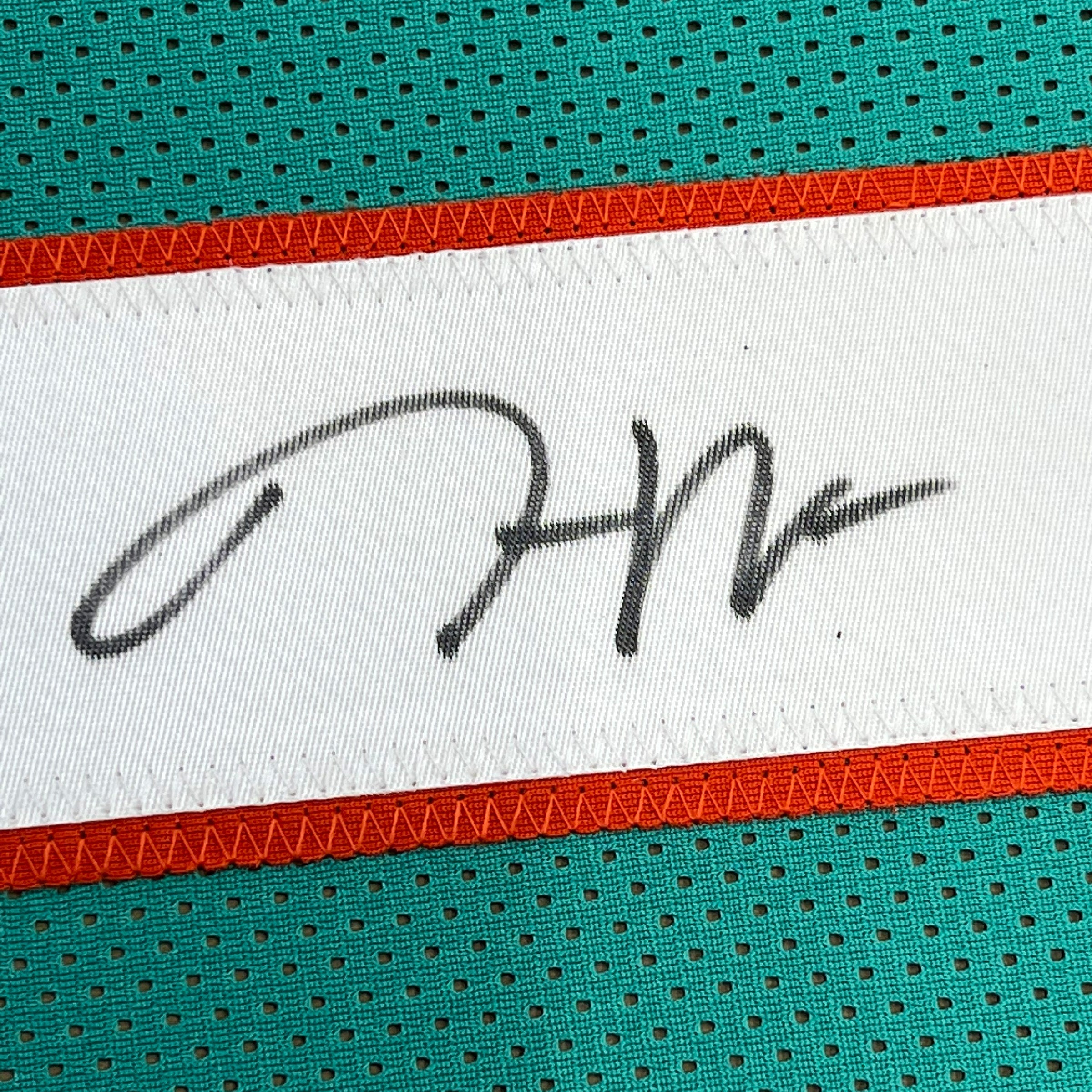 Framed Autographed/Signed Jaylen Waddle 35x39 Miami Teal Football Jersey Beckett BAS COA