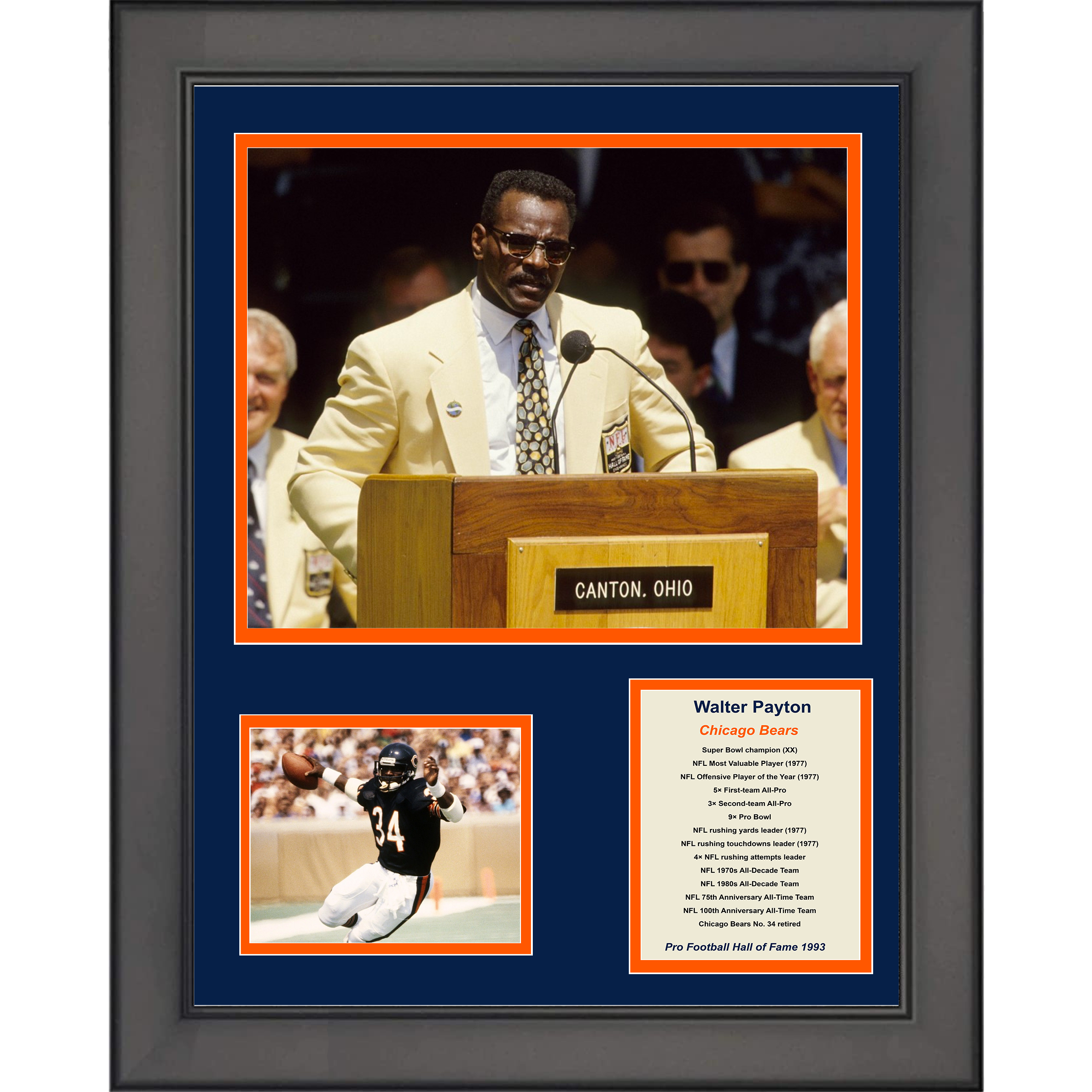 Framed Walter Payton Hall of Fame Chicago Bears 11"x14" Football Three Photo Collage