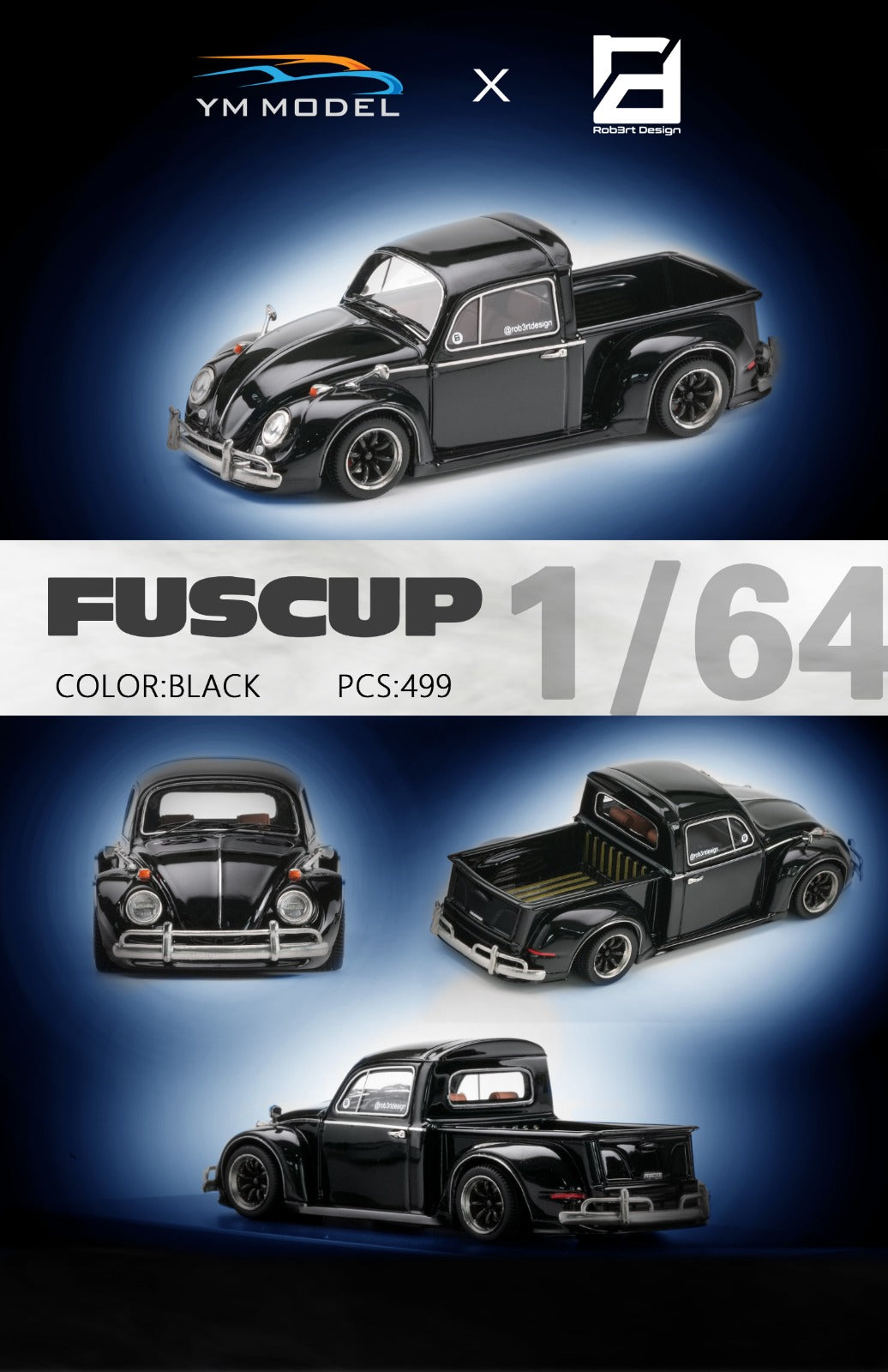 YM Model X Robert Design Volkswagen Beetle Pickup Truck FUSCUP in Black 1:64 Limited to 499 Pcs