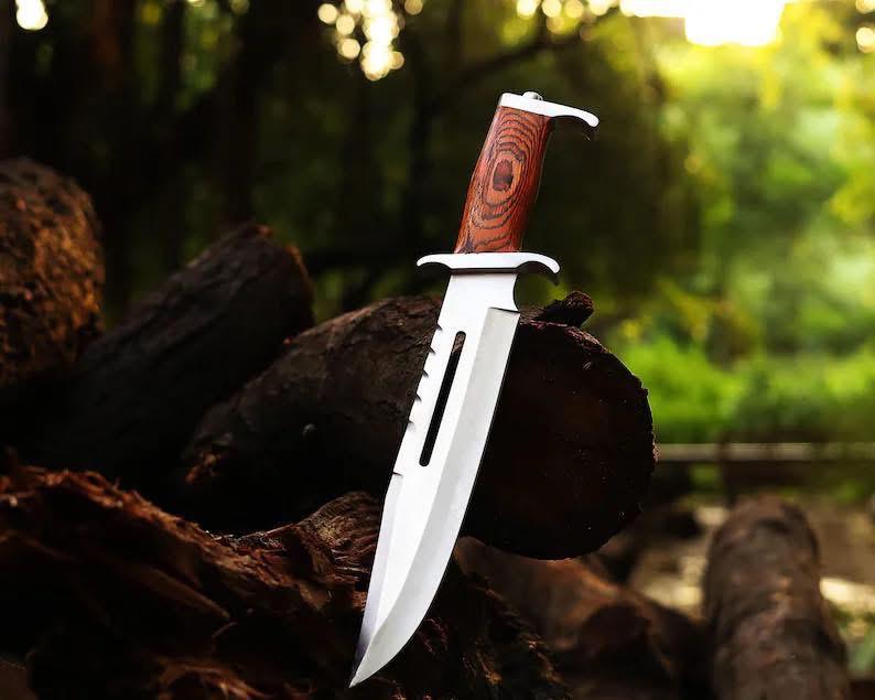 Professional Rambo Bowie Knife - 12" D2 Steel with Exotic Red Wood Handle & Steel Guards