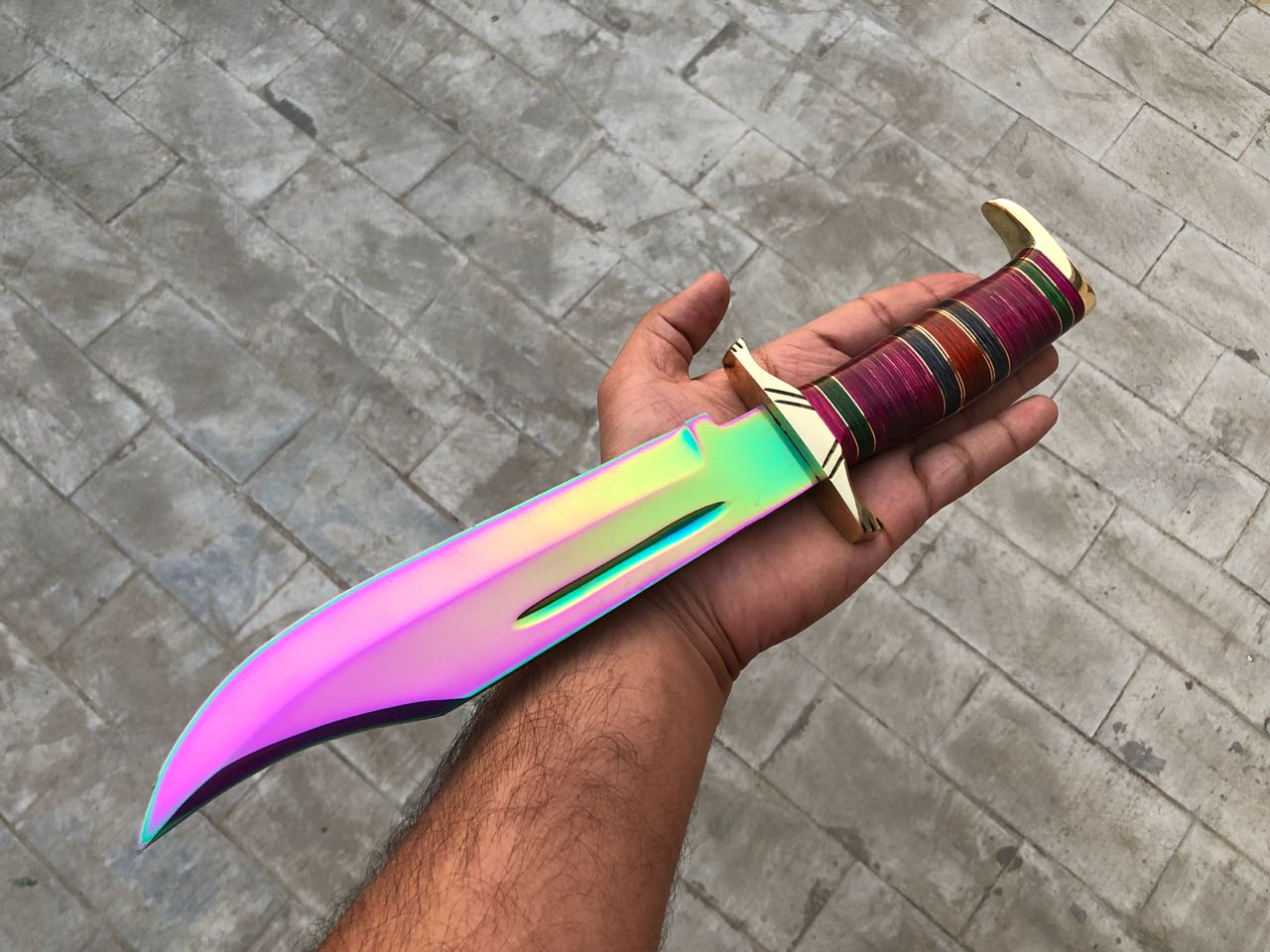 Wild Hunter Bowie Knife - Custom Handcrafted Heavy Gauge D2 Titanium Colored Steel Blade, Colored Exotic Woods Handle, Brass Spacers and Guard, 15" Overall Length | Leather Sheath | KBS Knives