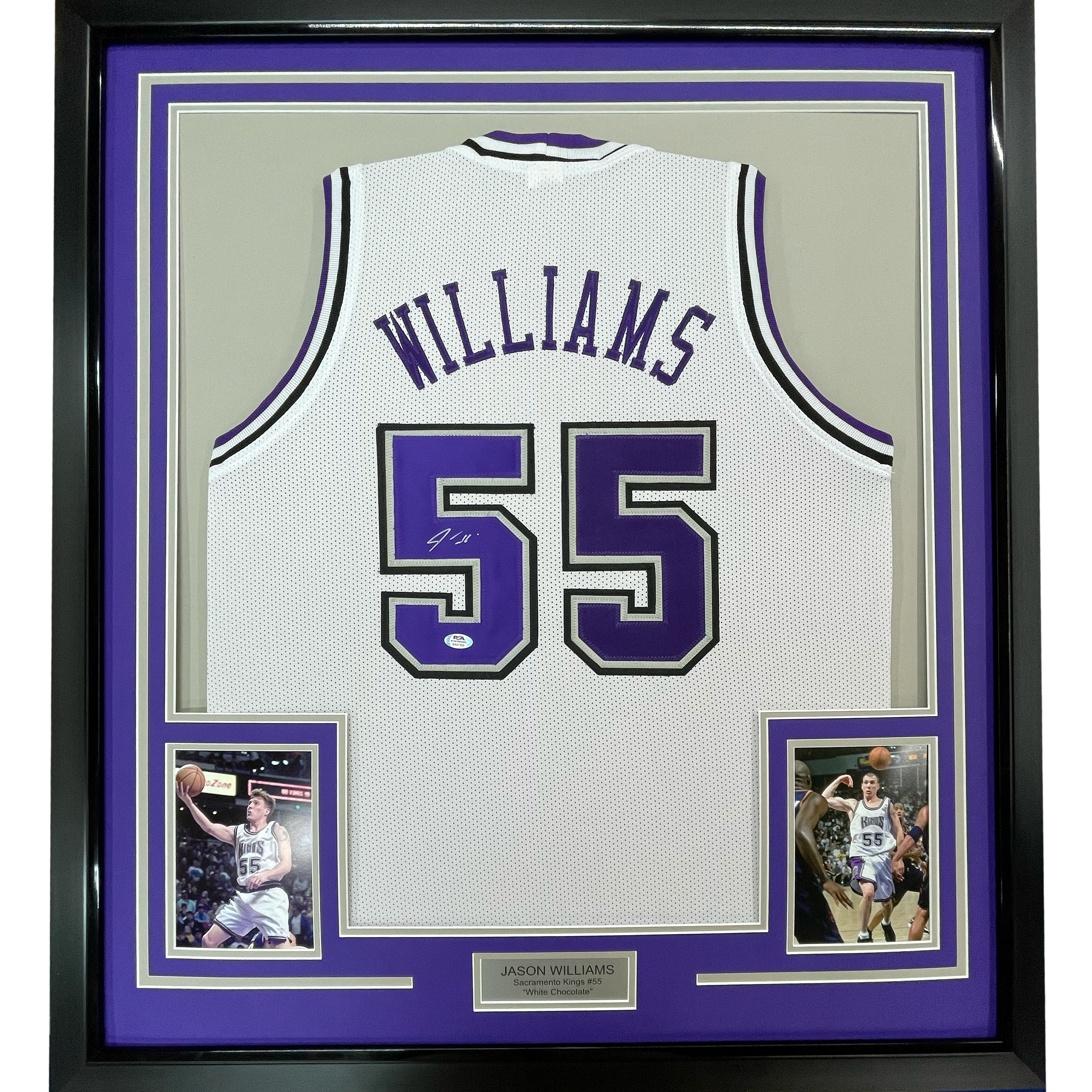 Framed Autographed/Signed Jason Williams 35x39 Sacramento White Basketball Jersey PSA/DNA COA