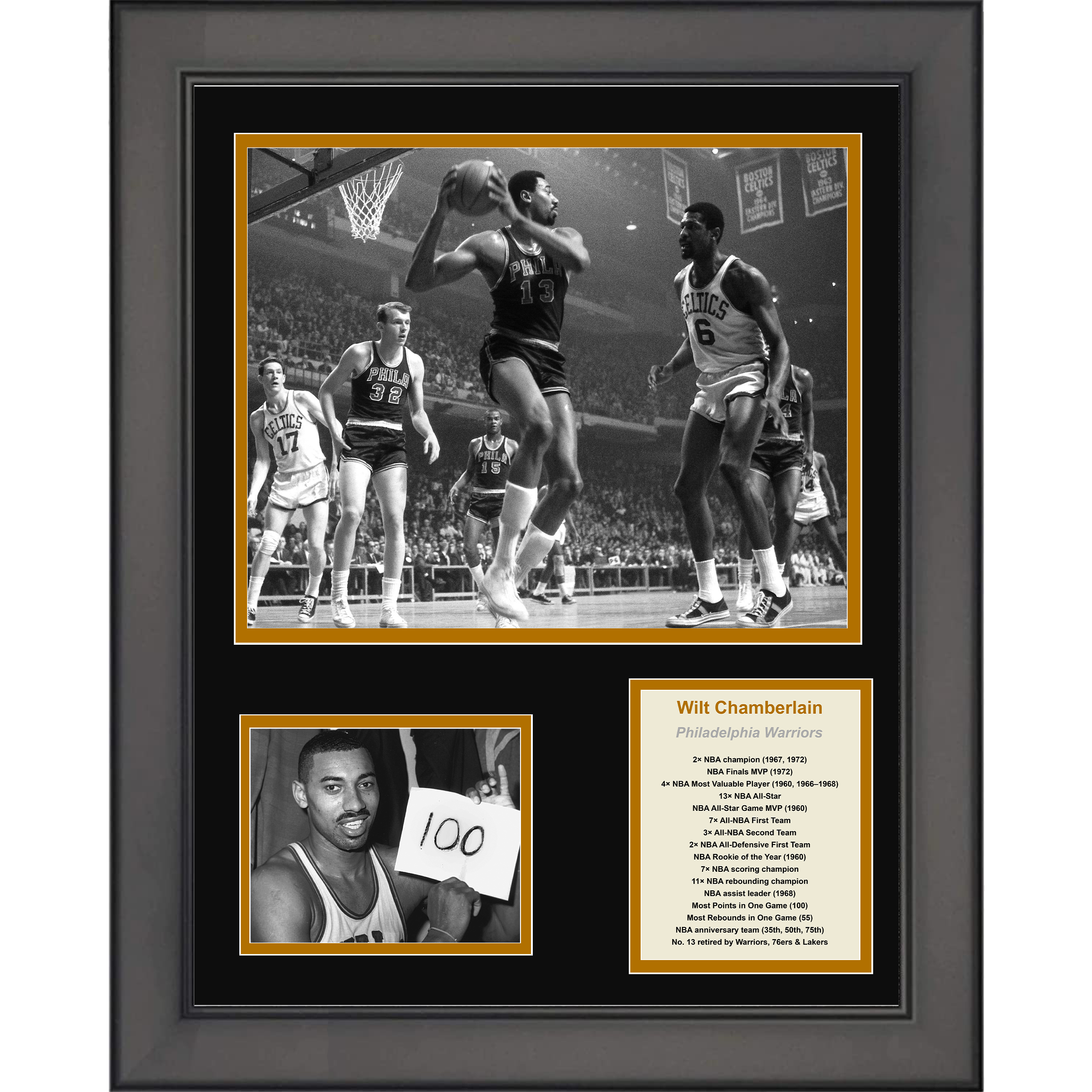 Framed Wilt Chamberlain Hall of Fame Basketball 11"x14" Three Photo Collage