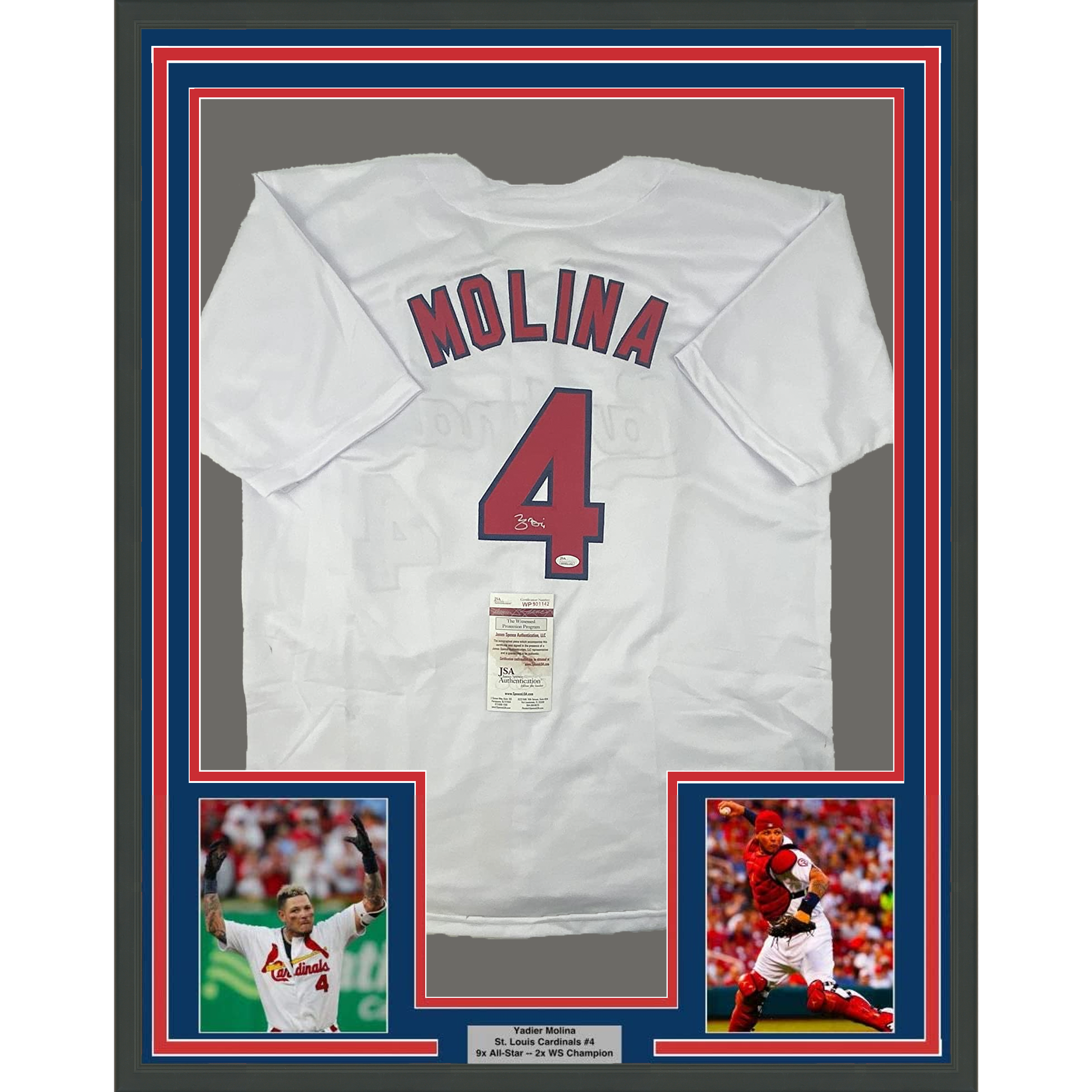 Framed Autographed/Signed Yadier Molina 35x39 St. Louis White Baseball Jersey JSA COA