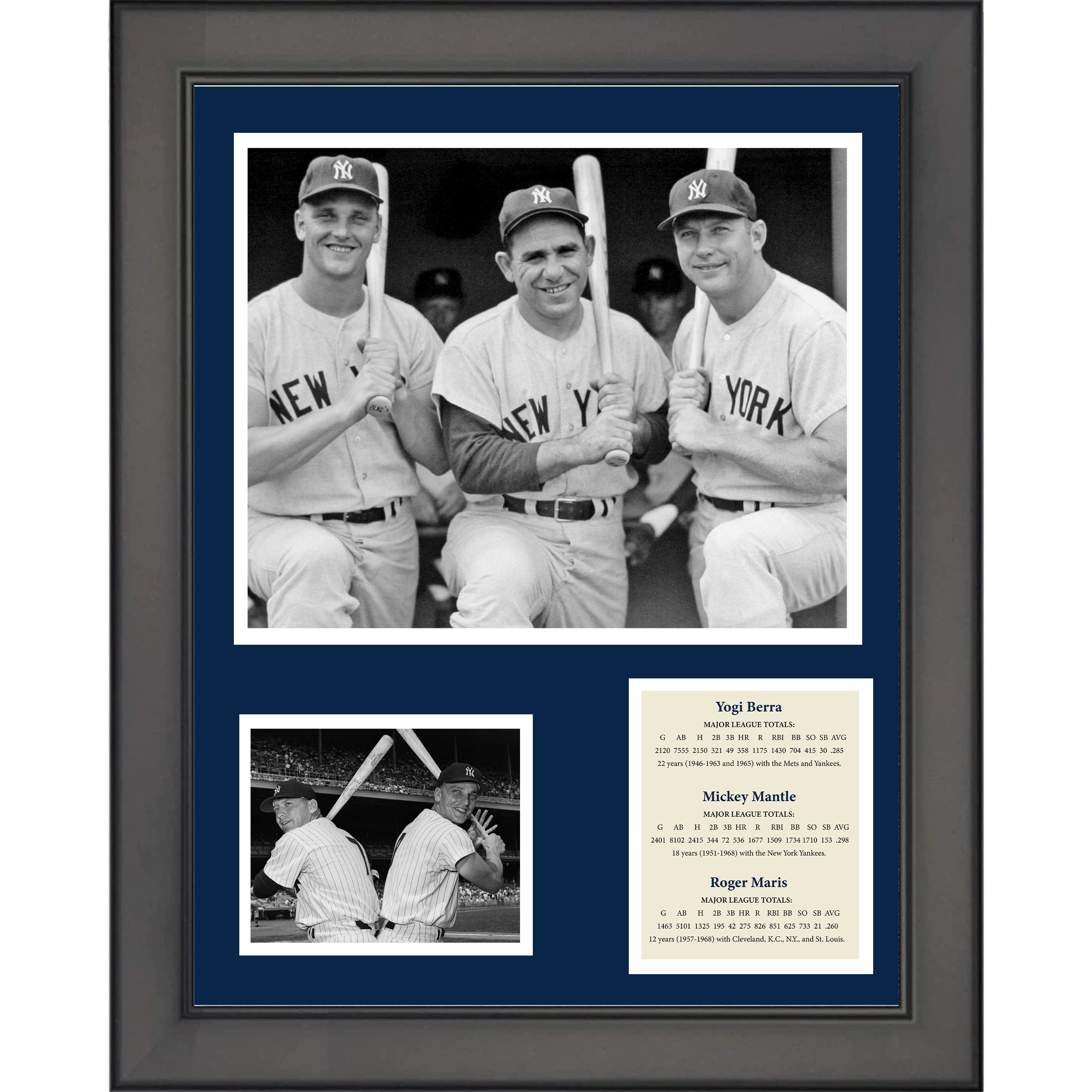 Framed Yogi Berra, Mickey Mantle & Roger Maris Baseball 11"x14" Three Photo Collage