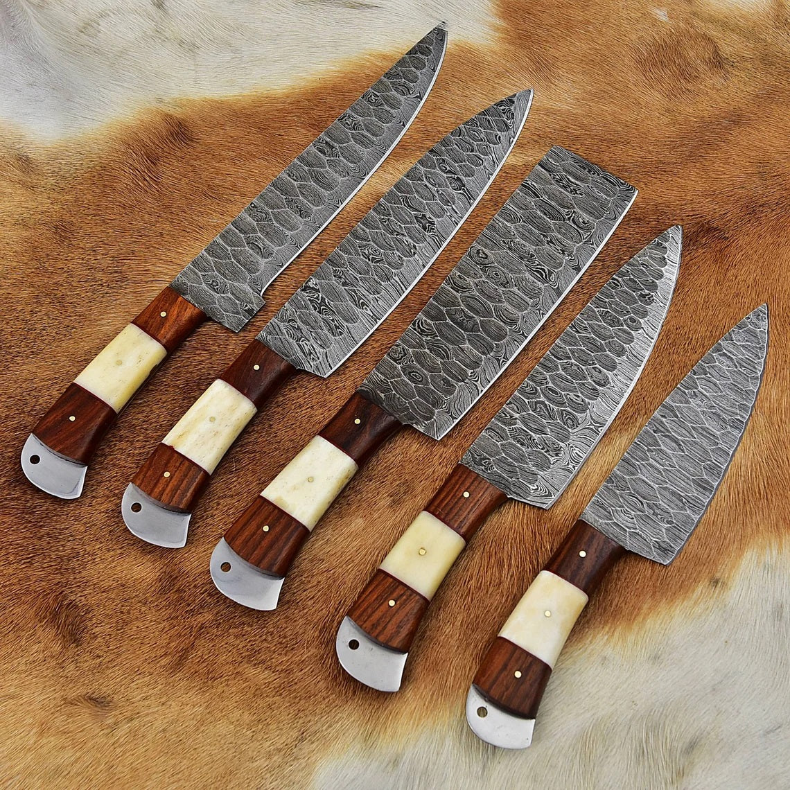 Custom Handmade Damascus Cooking Knife Set - 5 Pieces