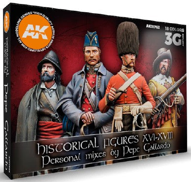 AK Interactive 11762 Historical Figures XVI-XVIII Century 3G Acrylic Paint Set (18 Colors) 17ml Bottles (D)