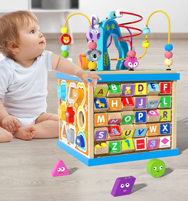 Wooden Activity Cube Toy – Multi-Functional Bead Maze and Educational Play Center