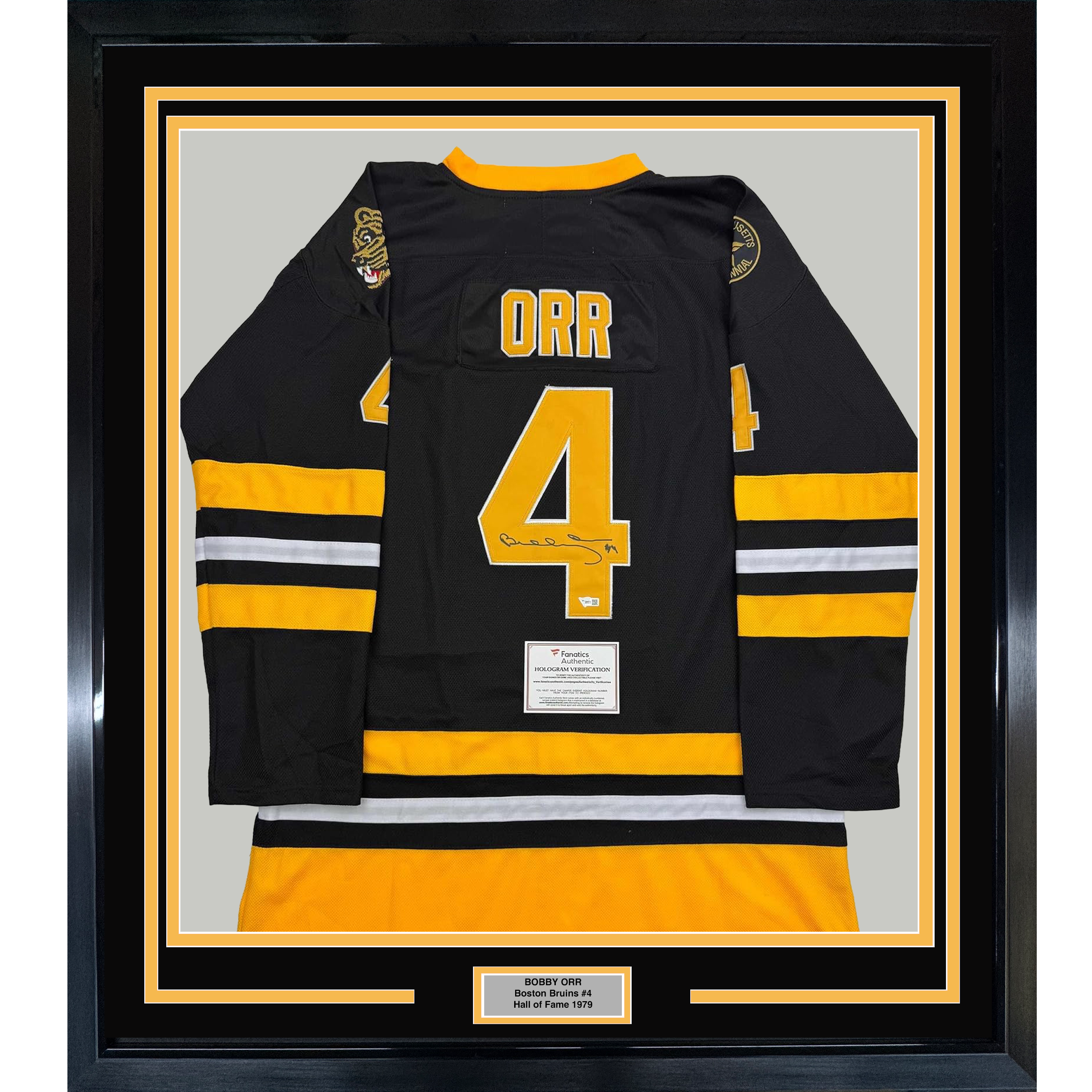 Framed Autographed/Signed Bobby Orr 35x39 Boston Bruins Black Hockey Jersey Fanatics COA