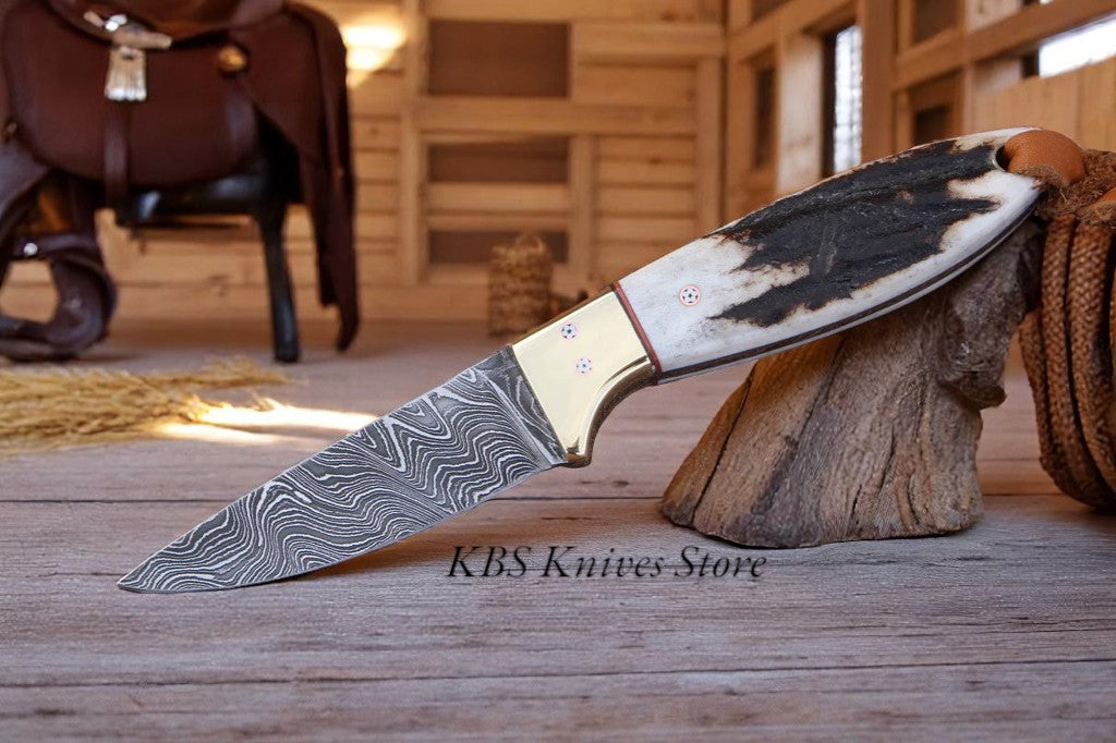 STAG TRACK STEEL – BUCKAROO WESTERN CUTLERY KNIFE WITH DAMASCUS & ANTLER HORN