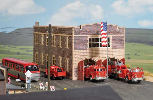 Busch 9732 HO Scale Clinker Block Fire Station -- Laser-Cut Wood Kit