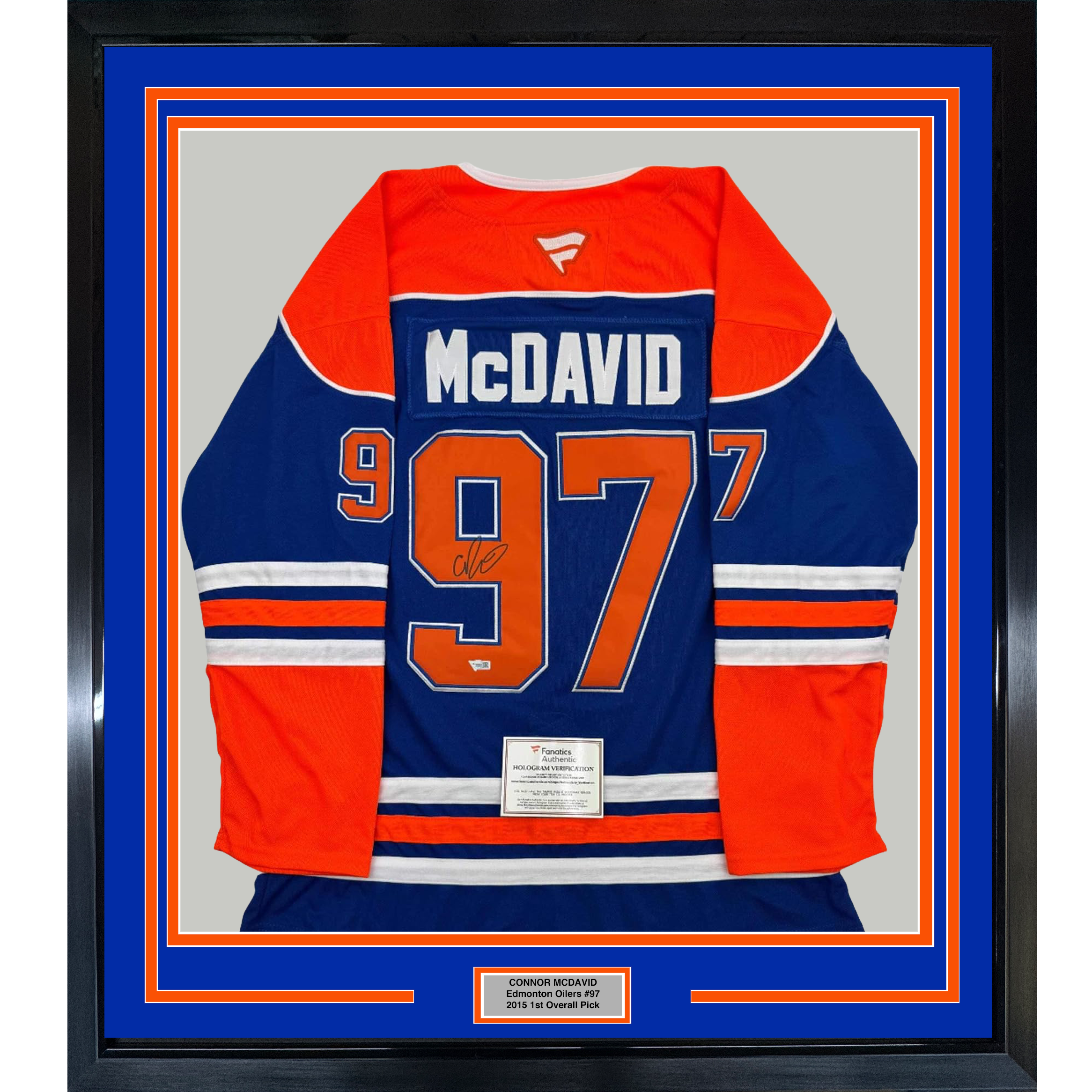 Framed Autographed/Signed Connor McDavid 35x39 Edmonton Oilers Authentic Blue Hockey Jersey Fanatics COA