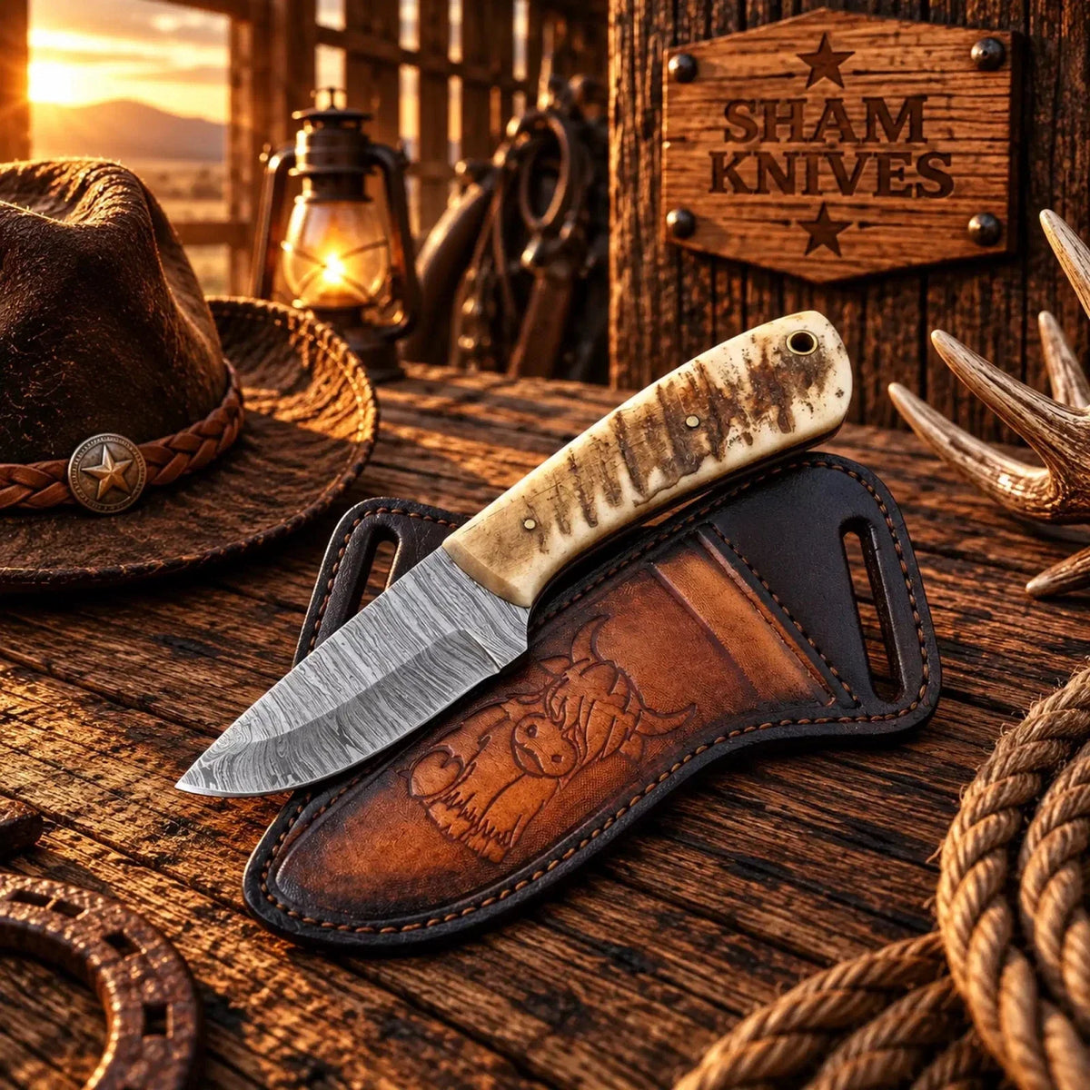 Cross-Draw Damascus Skinner Knife – Sheep Horn Handle & Sheath
