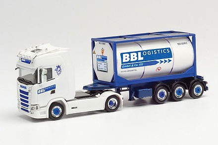 Herpa 313162 HO Scale Scania CS 20 HD Tractor with Container Trailer and 20' Tank Container - Assemb -- BB Logistiks (white, blue, German Lettering)