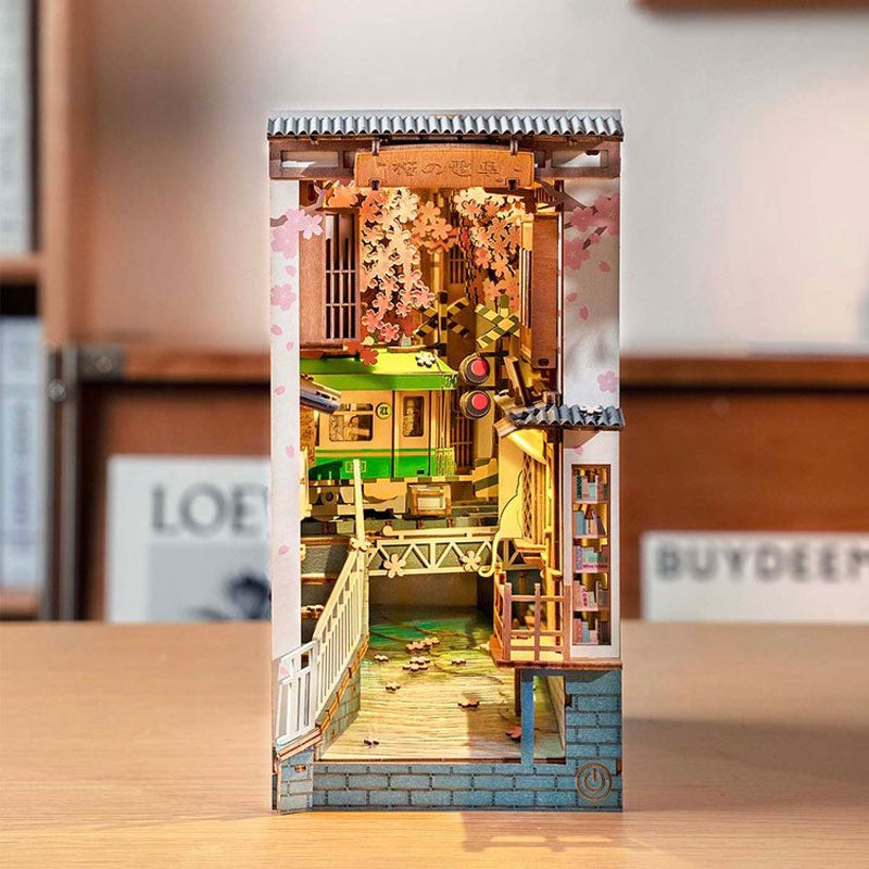 DIY Wooden Book Nook Kit – Sakura Densya Miniature Dollhouse with LED Light
