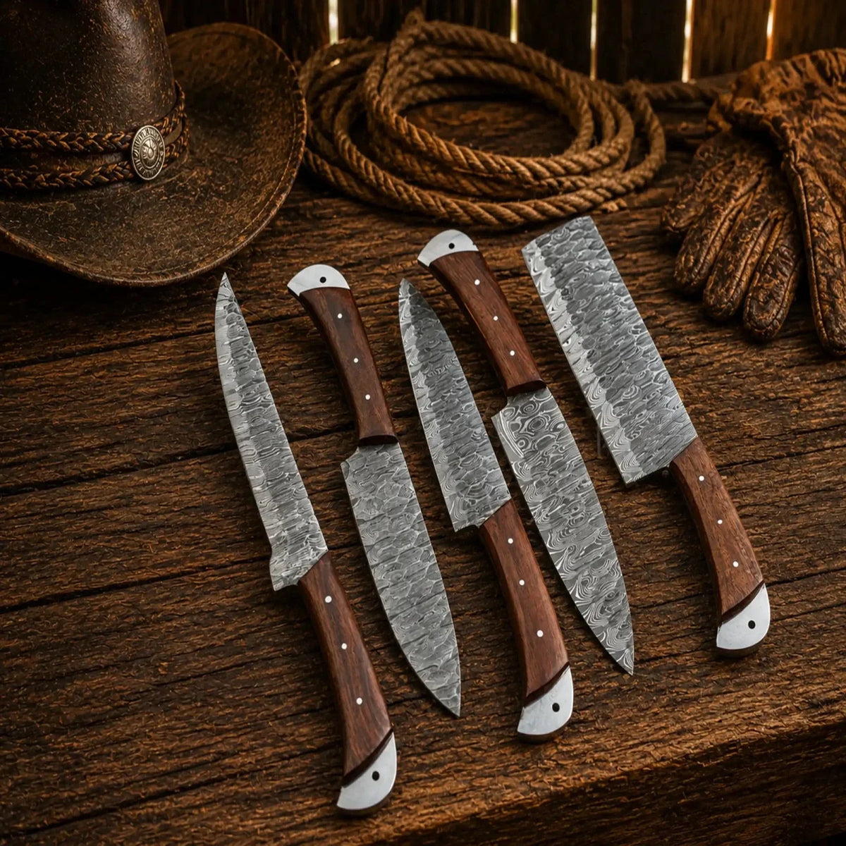 Damascus Chef Knife Set – 5 Piece Rosewood Handle Collection
