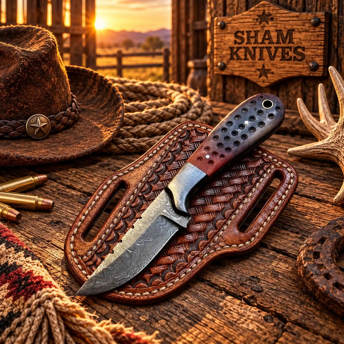 Fixed Blade Ranch Cowboy Skinning Knife Damascus steel Colour Bone Handle 7" Tooled Sheath