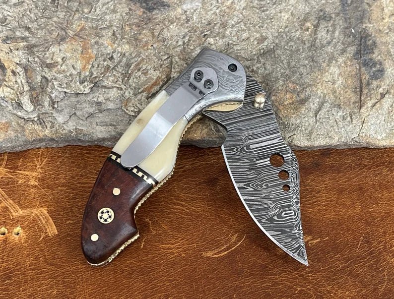 Damascus Steel Pocket Knife with Belt Clip Camel Bone Rose Wood Handle