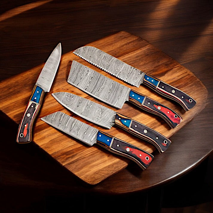 Custom Kitchen Knife Set - 5-Piece Damascus Steel Collection