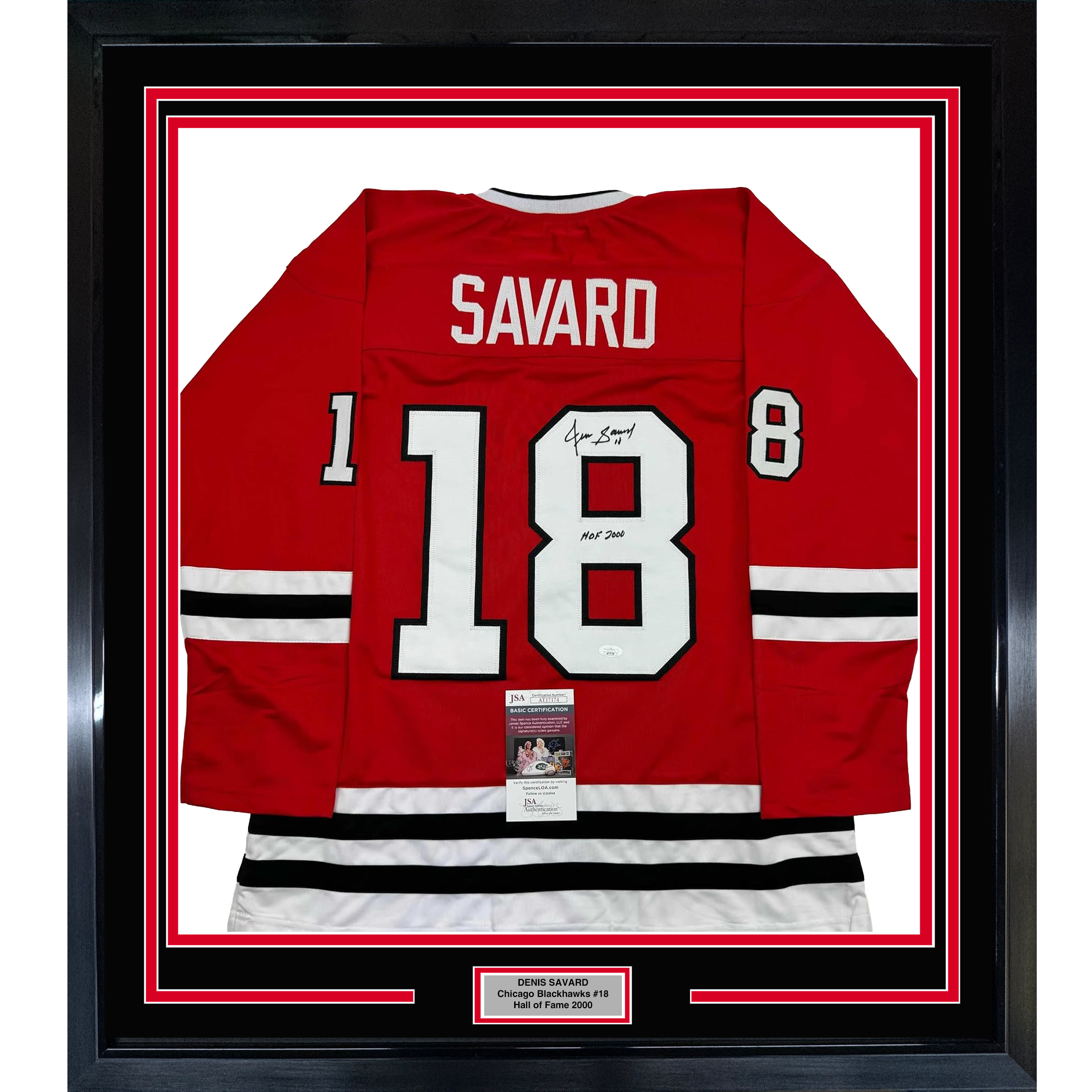 Framed Autographed/Signed Denis Savard HOF 2002 35x39 Chicago Red Hockey Jersey JSA COA