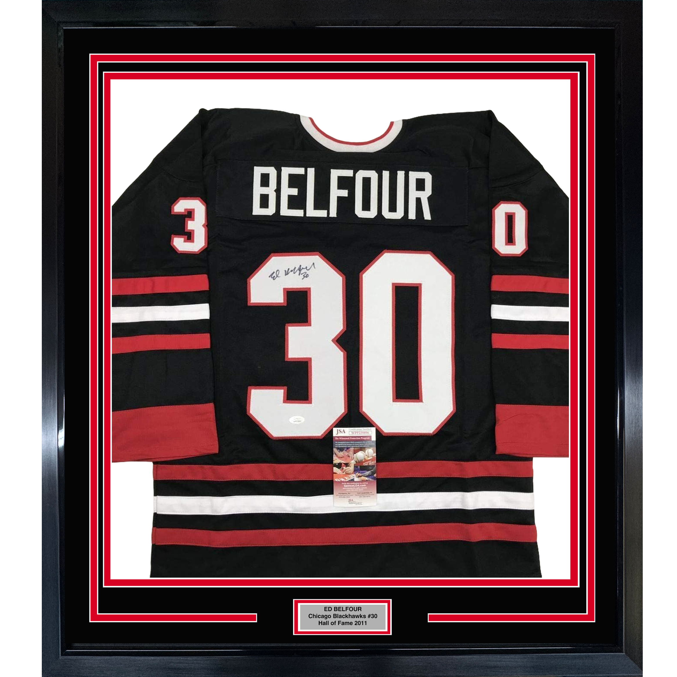 Framed Autographed/Signed Ed Belfour 35x39 Chicago Black Hockey Jersey JSA COA