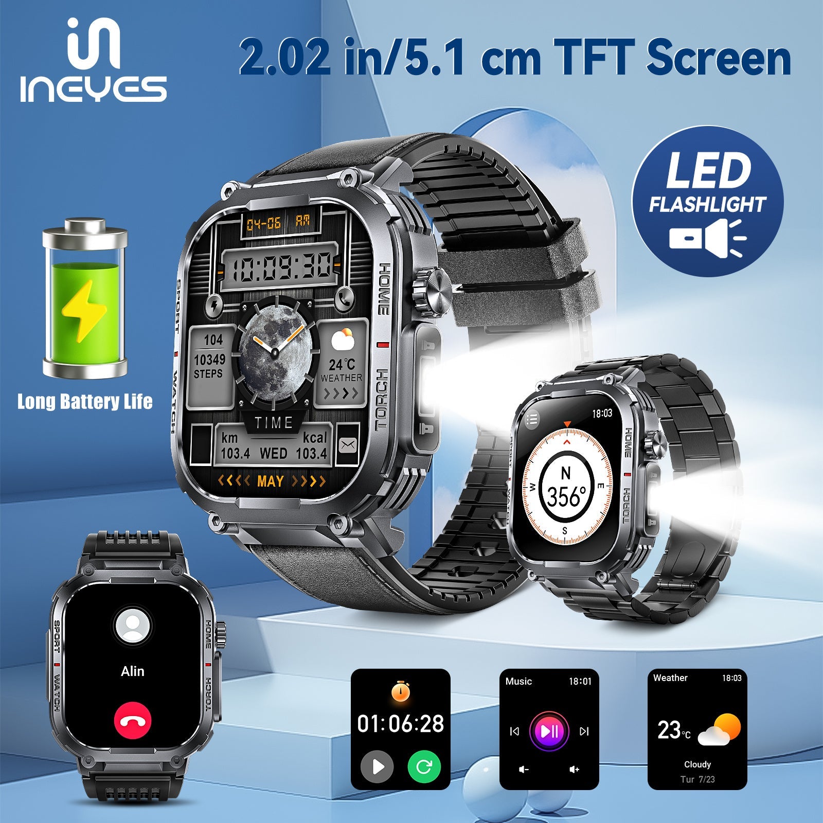INEYES S320B Sport Modes Smart Watch For Men With LED Flashlight, Women's Smartwatch With Wireless Call, Men's Smartwatches With 2.02-Inch HD Screen