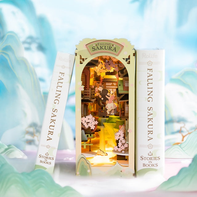 DIY Wooden Book Nook Kit – Sakura Densya Miniature Dollhouse with LED Light