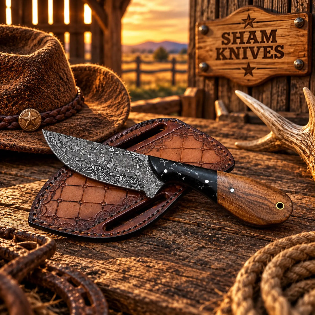 Frontier Western Gear Knife Damascus Wood & Black Turquoise Handle 7.5" with Tooled Leather Sheath
