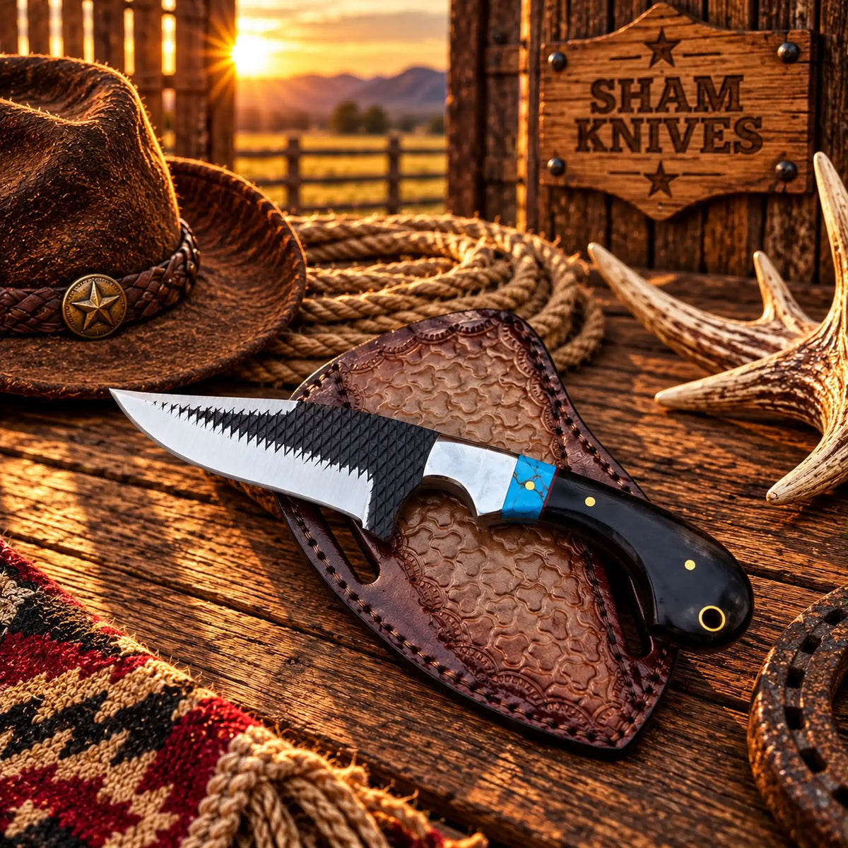 9” Frontier Western Knife Rasp File Steel Buffalo Horn & Turquoise Handle With Tooled Leather sheath