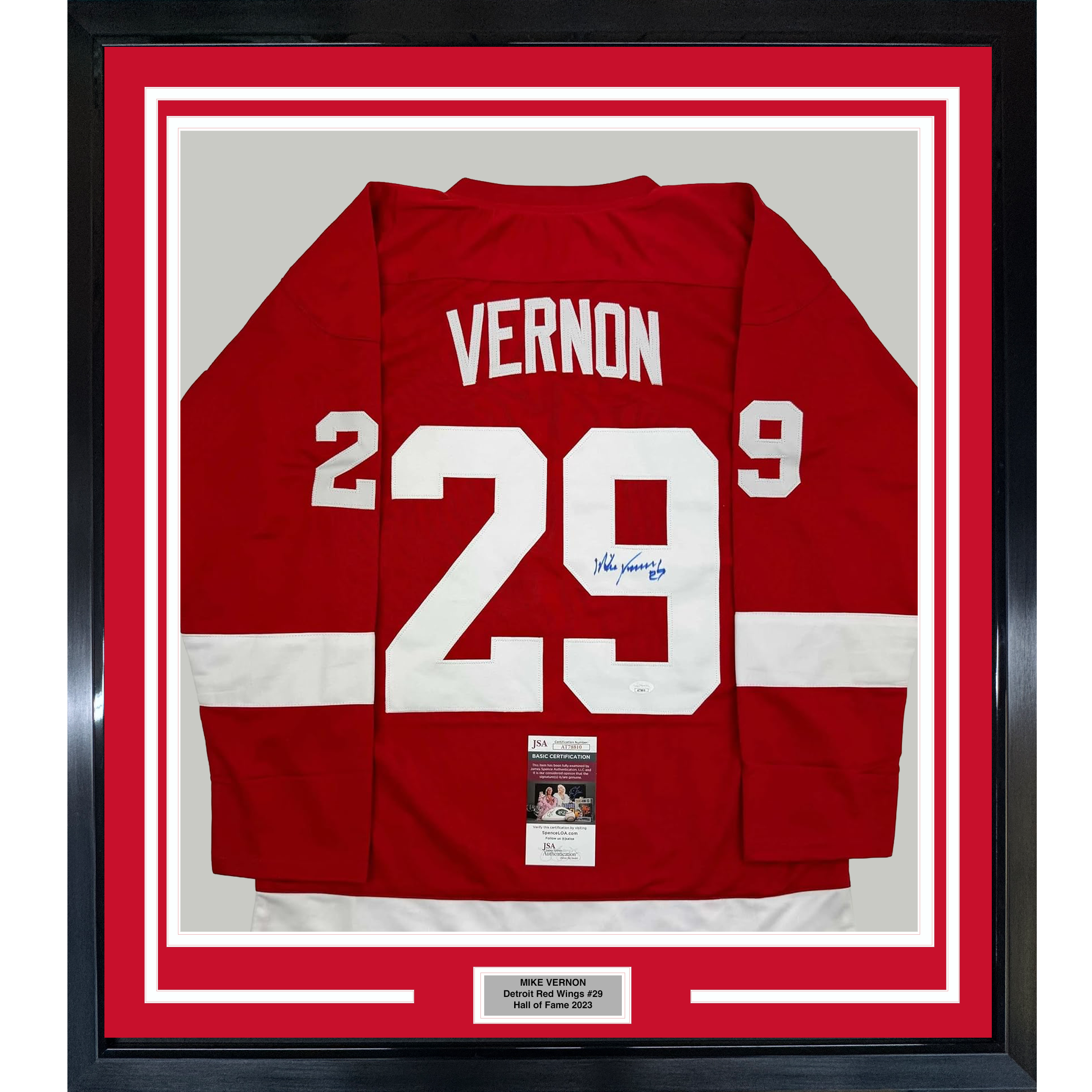 Framed Autographed/Signed Mike Vernon 35x39 Detroit Red Hockey Jersey JSA COA