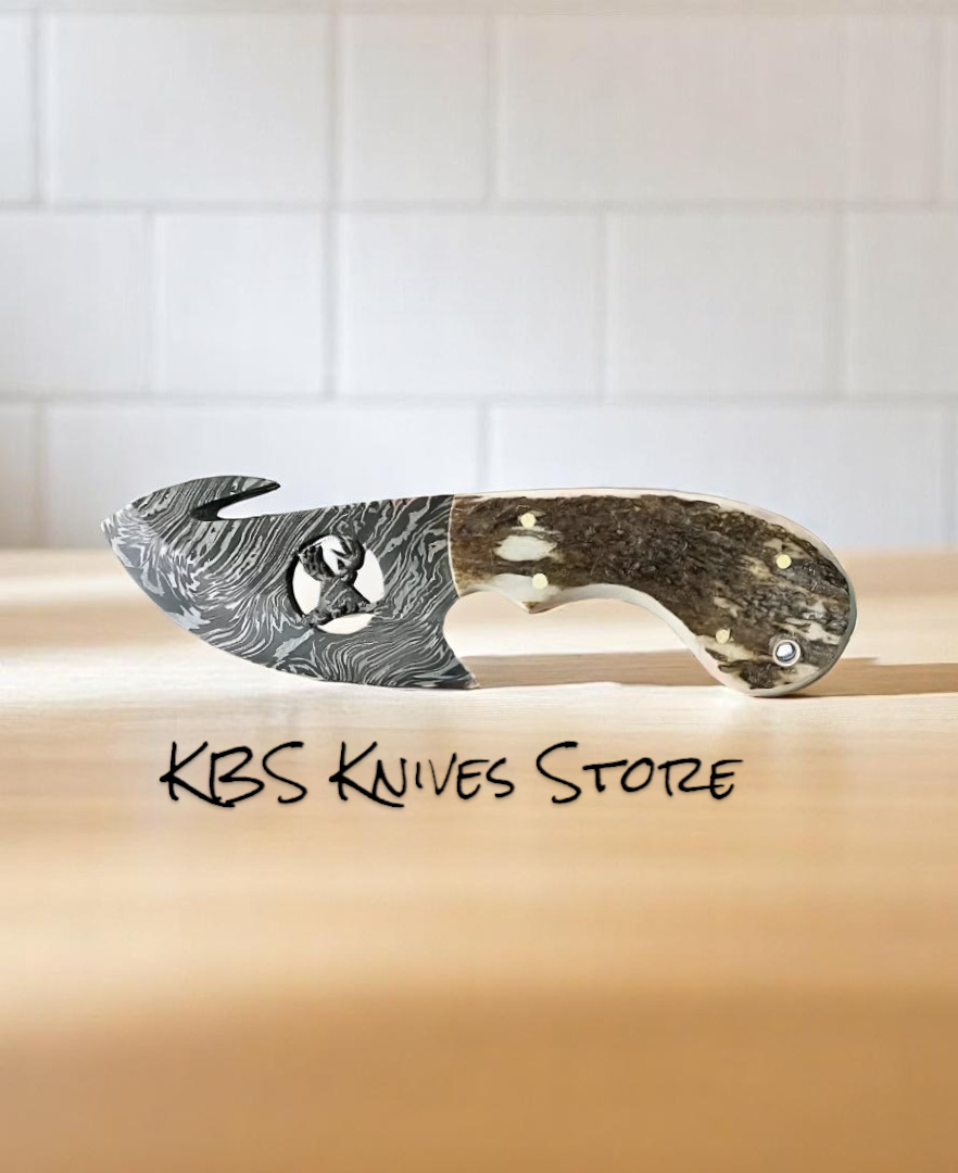 Custom Damascus Steel Deer Gutting Knife with Antler Handle & Gut Hook