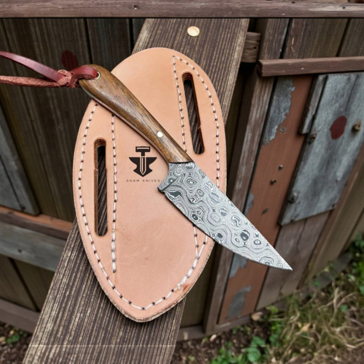Handcrafted Buckaroo Belt Knife – 3.5” Damascus Steel Fixed Blade with Pancake Leather Sheath | Rosewood Handle