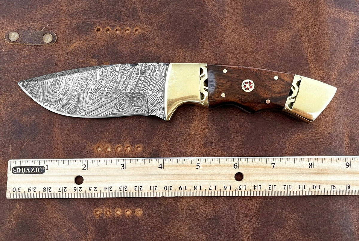 Handmade Damascus Steel Knife 9" Custom Fixed Blade Knife With Rose Wood Handle