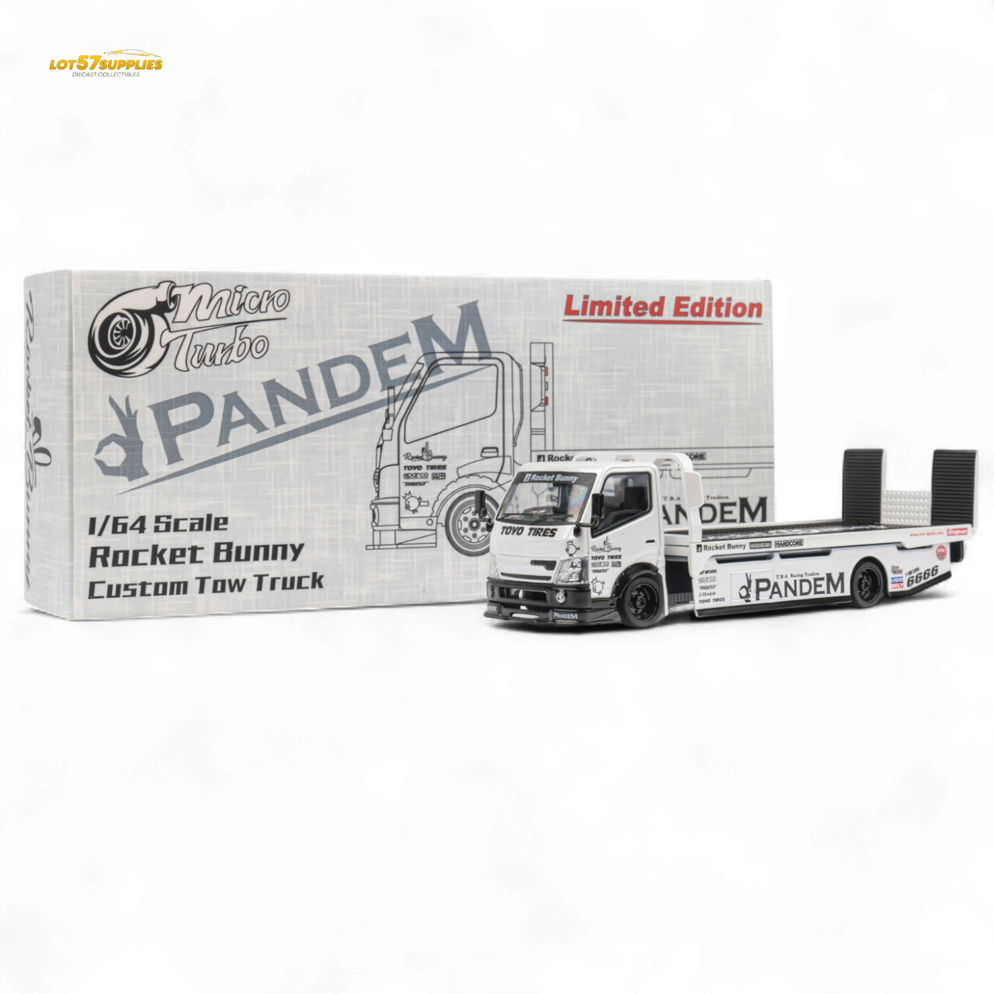 MicroTurbo HINO 300 Flat Bed Transport Truck in Pandem Rocket Bunny White 1:64