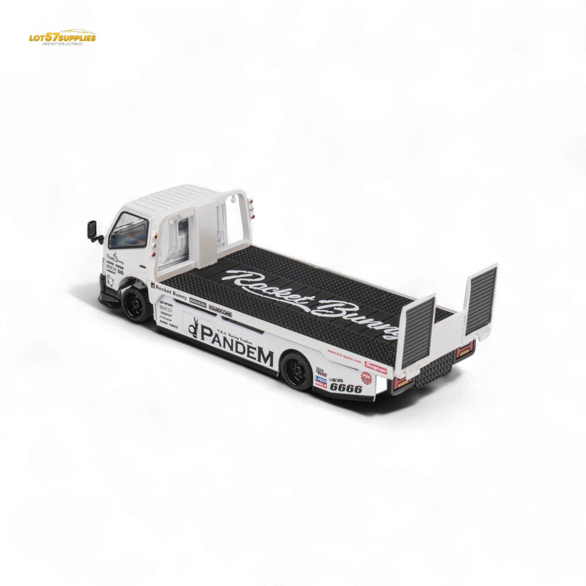 MicroTurbo HINO 300 Flat Bed Transport Truck in Pandem Rocket Bunny White 1:64