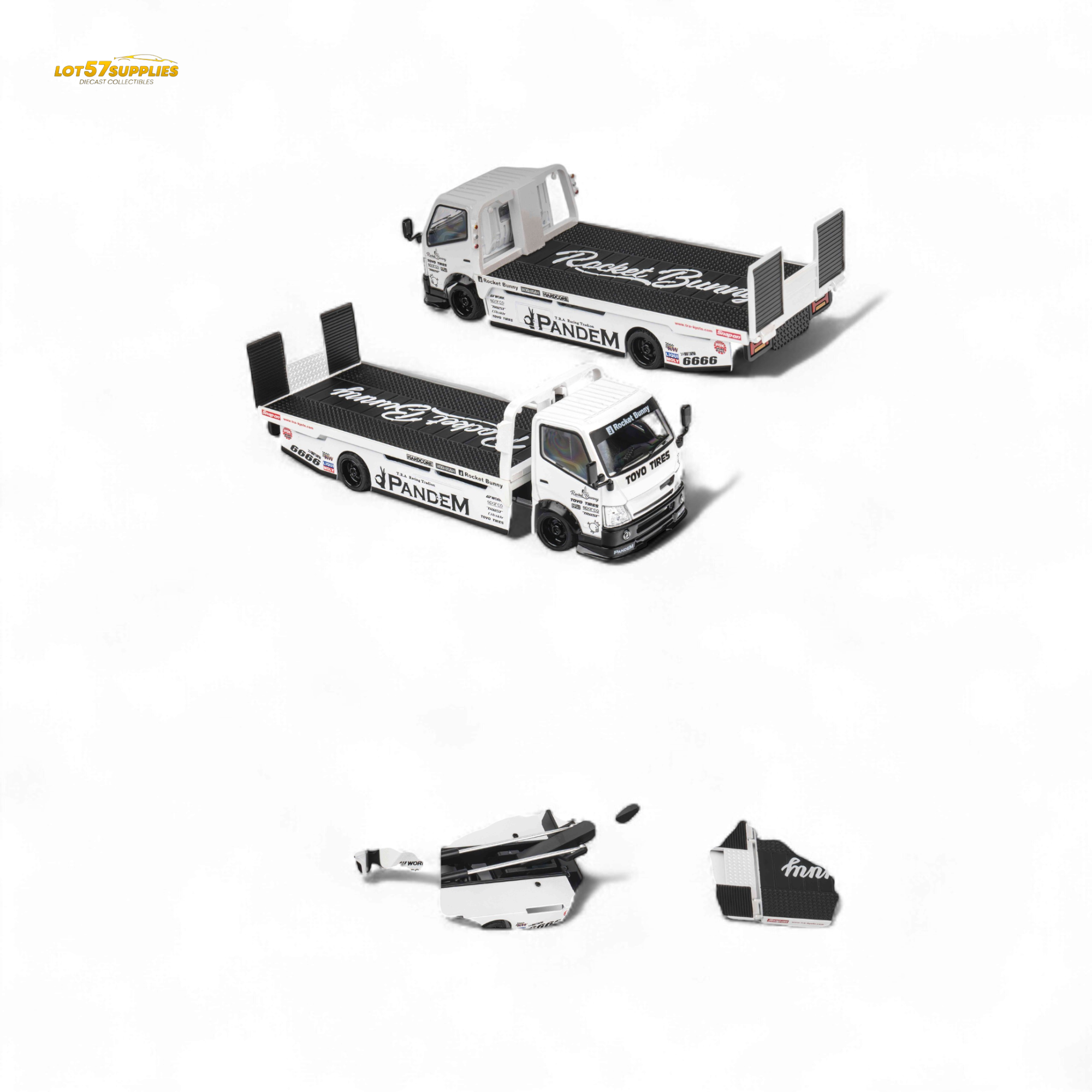MicroTurbo HINO 300 Flat Bed Transport Truck in Pandem Rocket Bunny White 1:64