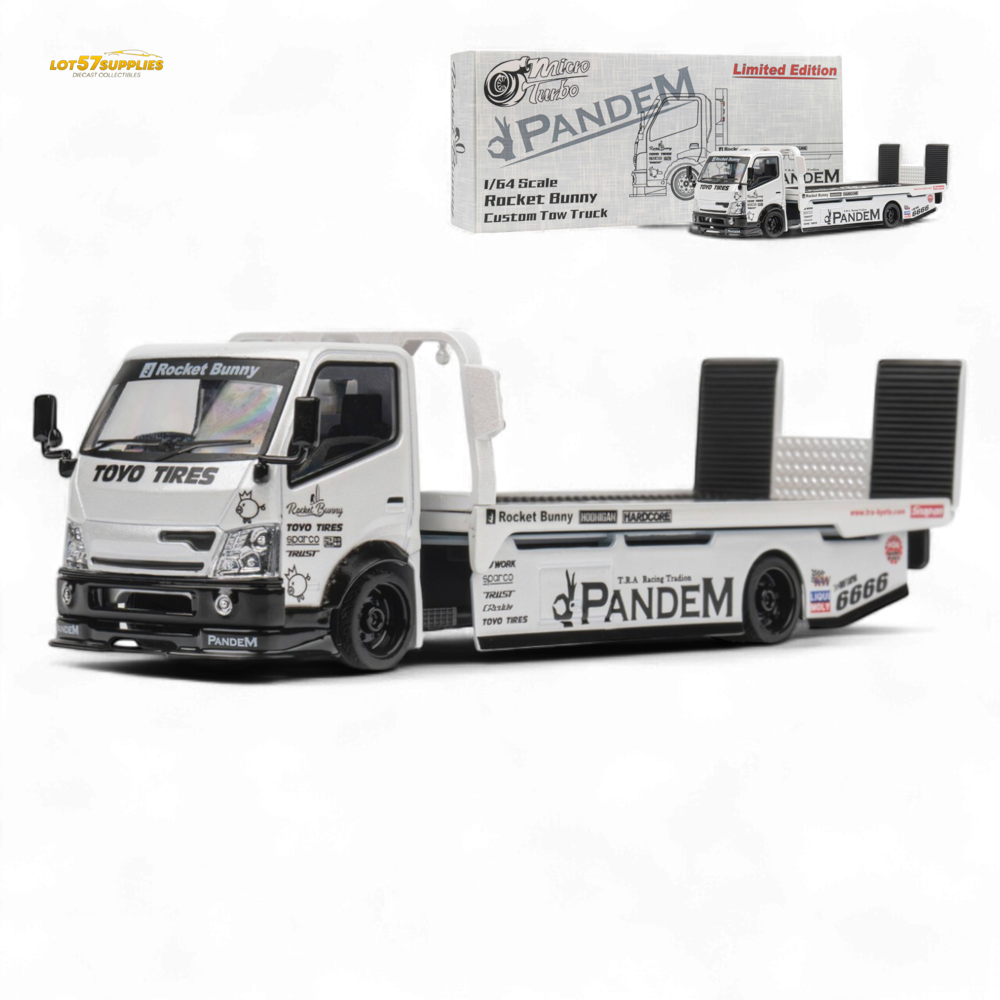 MicroTurbo HINO 300 Flat Bed Transport Truck in Pandem Rocket Bunny White 1:64